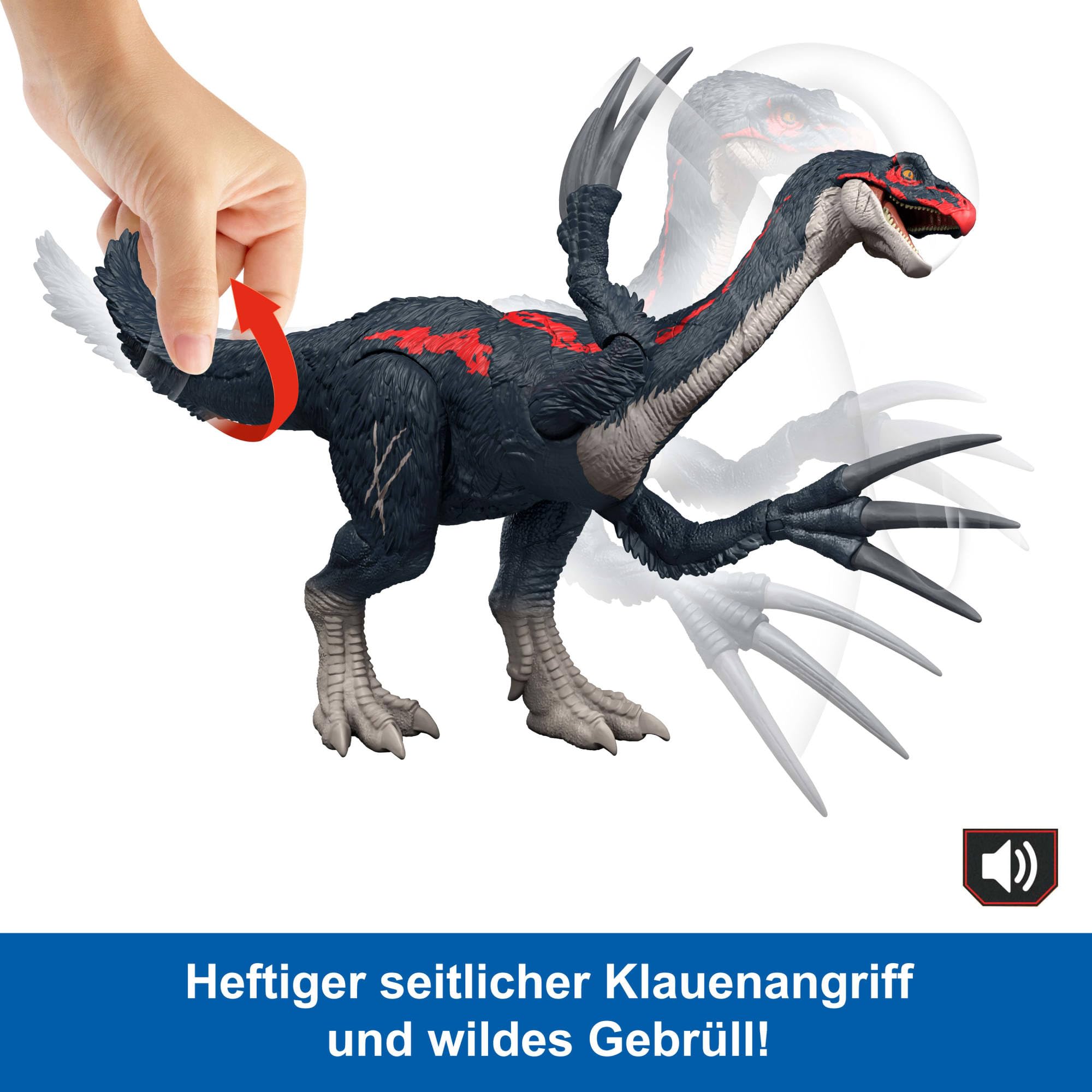 Mattel Jurassic World Chaostheorie Attacke und Brüllgeräusche Therizinosaurus Dinosaurier-Actionfigur, Klauenangriff und Brüllgeräusch, digitaler Spielspaß, JCG17, [Mehrfarbig]