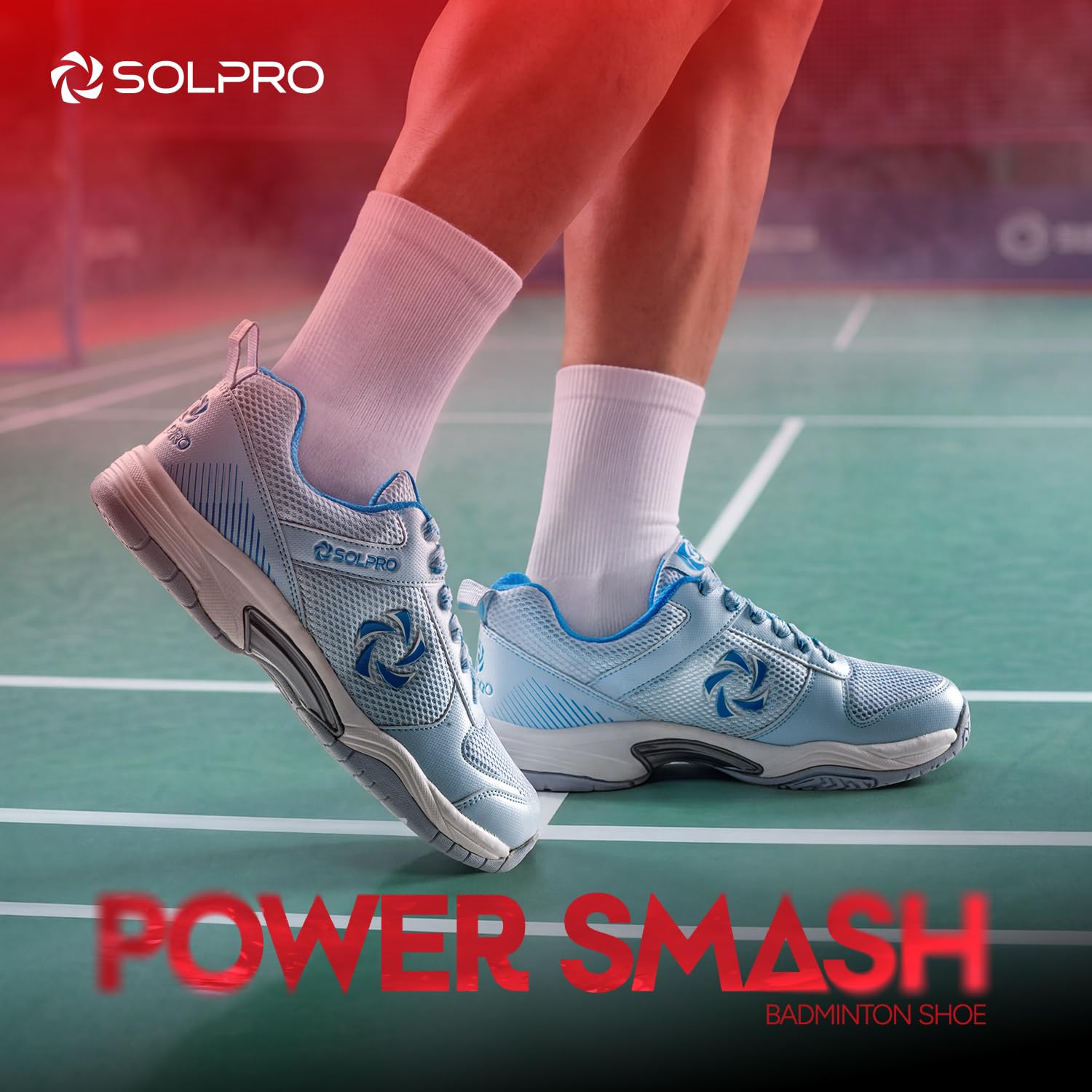 SOLPRO Power Smash Badminton Shoes | Flex Support Outsole | Court Grip | Shock Absorbing Cushion | Breathable Mesh Upper | Stability Ridges (Lt Blue/Blue) 1
