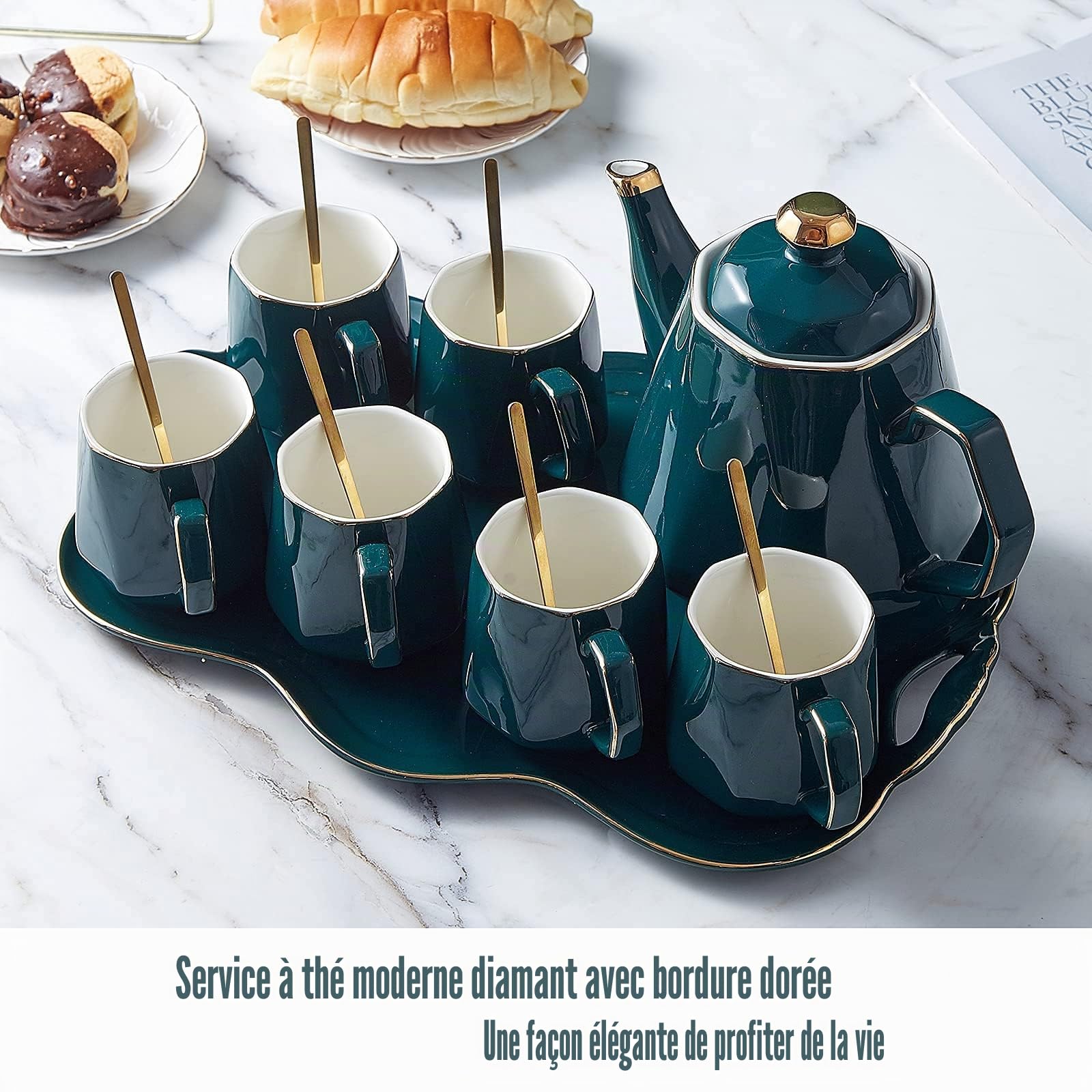 DUJUST Service à Thé 14 Pièces de 6 avec Plateau à Thé et Cuillères, Ensemble de Tasses à Thé/Café Design Diamant Moderne avec Garniture Dorée, Ensemble Théière/Thé en Oorcelaine - Vert