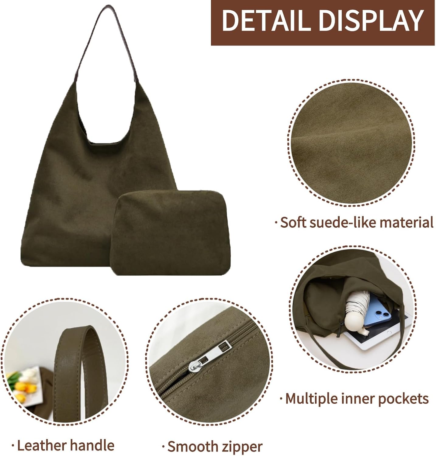 Women Suede Shoulder Tote Purse Hobo Crescent Bag Soft Casual Handbags for Work Travel College Fall Winter 2PCS