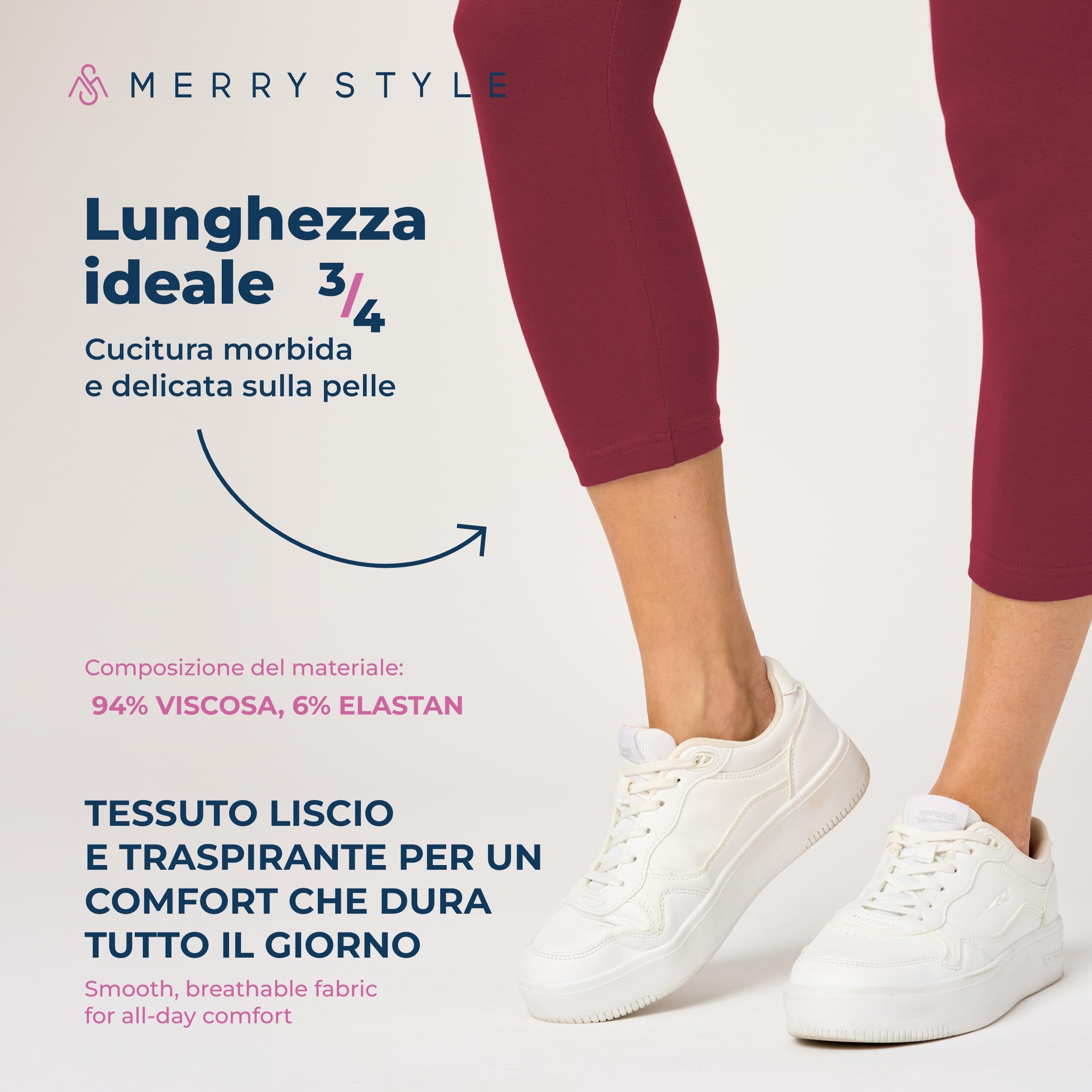 Merry Style Leggings Donna 3/4 Pantaloni Capri Morbidi e Confortevoli Leggins Donna in Cotone Traspirante Elastici e Delicati sulla Pelle Sensibile MS10-199