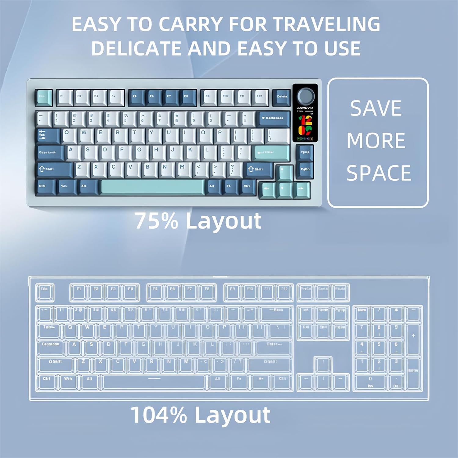 FKZ LT75Pro Wireless Mechanical Keyboard with Color Screen&Knob,75% Hot Swappable Pre-lubed Switch Gasket Mount Custom RGB Gaming Keyboard BT5.0/2.4G/Type-C Wired NKRO Creamy Keyboard (Lake-Blue)