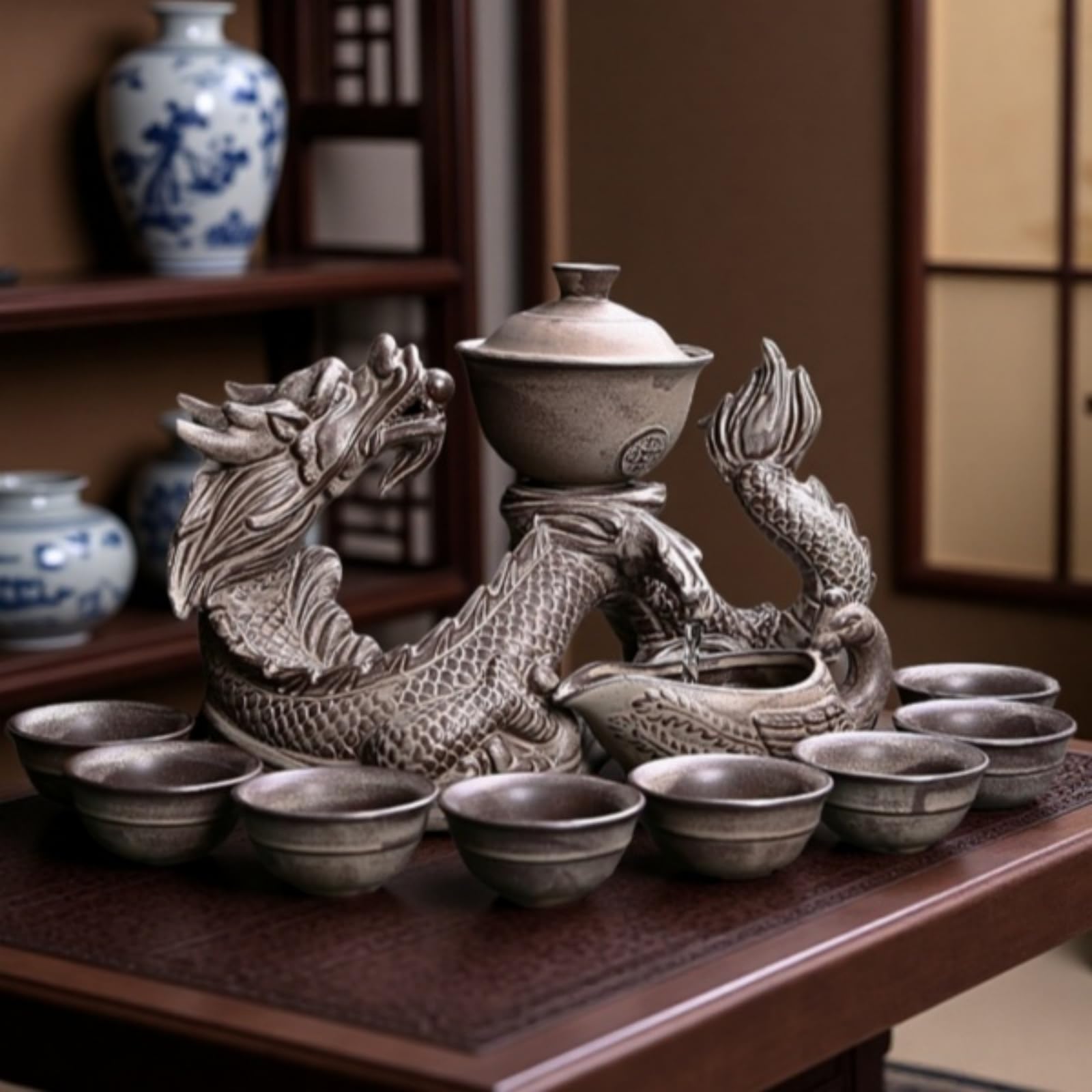Chiński zestaw do herbaty Gongfu – ceramiczny czajniczek z zaparzaczem, 8 filiżanek, półautomatyczny, z motywem smoka do herbaty liściastej