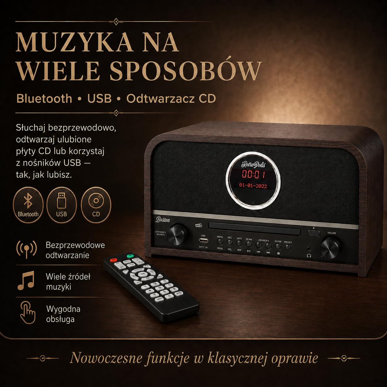 Radio DO SALONU BOSTON sieciowe AM/FM DAB+ CYFROWE USB-A BLUETOOTH CD LED
