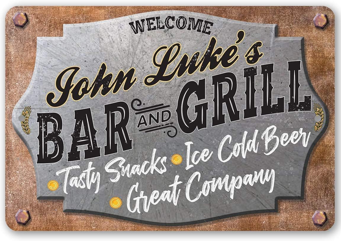 Personalized Bar and Grill Metal Sign - Vintage Tin Signs for Patio, Garden, Bars, Kitchens and Restaurants, BBQ Grill Print and Housewarming Gifts, 8x12 or 12x8 Use Indoor or Outdoor Metal Tin Sign