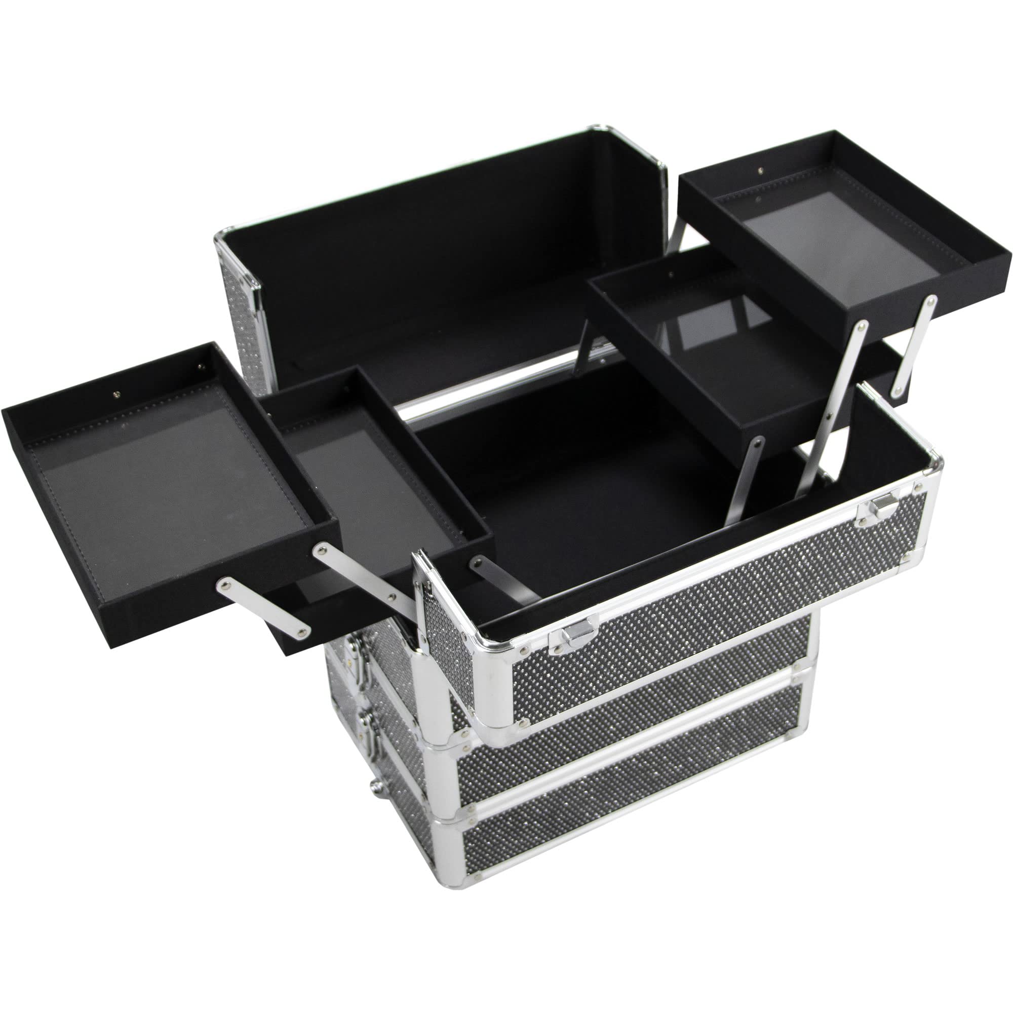 Przewijający się pociąg makijażowy, kosmetyczny sk Aluminiowa walizka na kółkach z dużym schowkiem i kółkami 584° Kufer fryzjerski(Black Crystal)