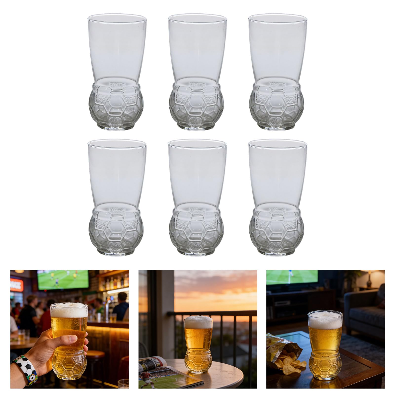 Generisch 6er Pack Glas Bierkrüge mit Fußball Thema, 450 ml, perfekt für Sportfans und Partys, als Trinkgeschirr Anschauen von Spielen
