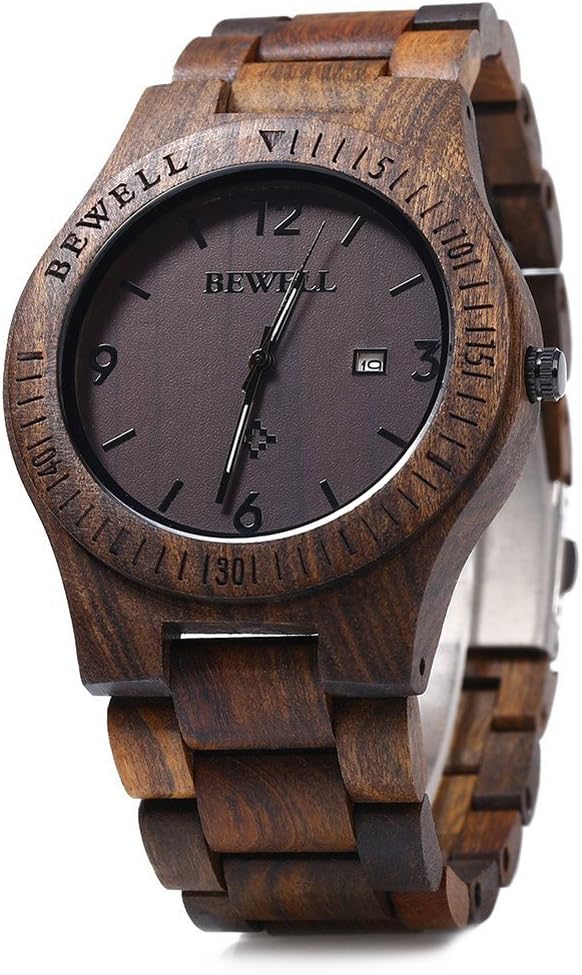 Bewell ZS-W086B Mens Wooden Watch Lightweight Date Display Analog Quartz Movement Wristwatches