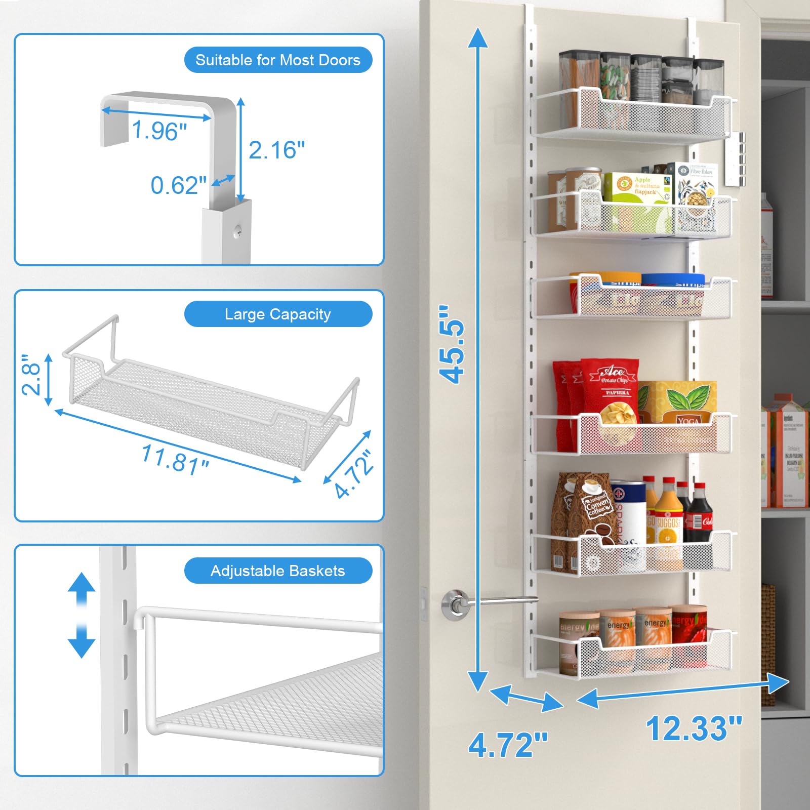 VyGrow 31,2 cm breit, schmaler Organizer über der Tür, 6-stöckig, Organizer mit verstellbarem Korb, Speisekammertür, Organisation für Speisekammer, Küche, Abstellraum, Gewürzregal, Weiß