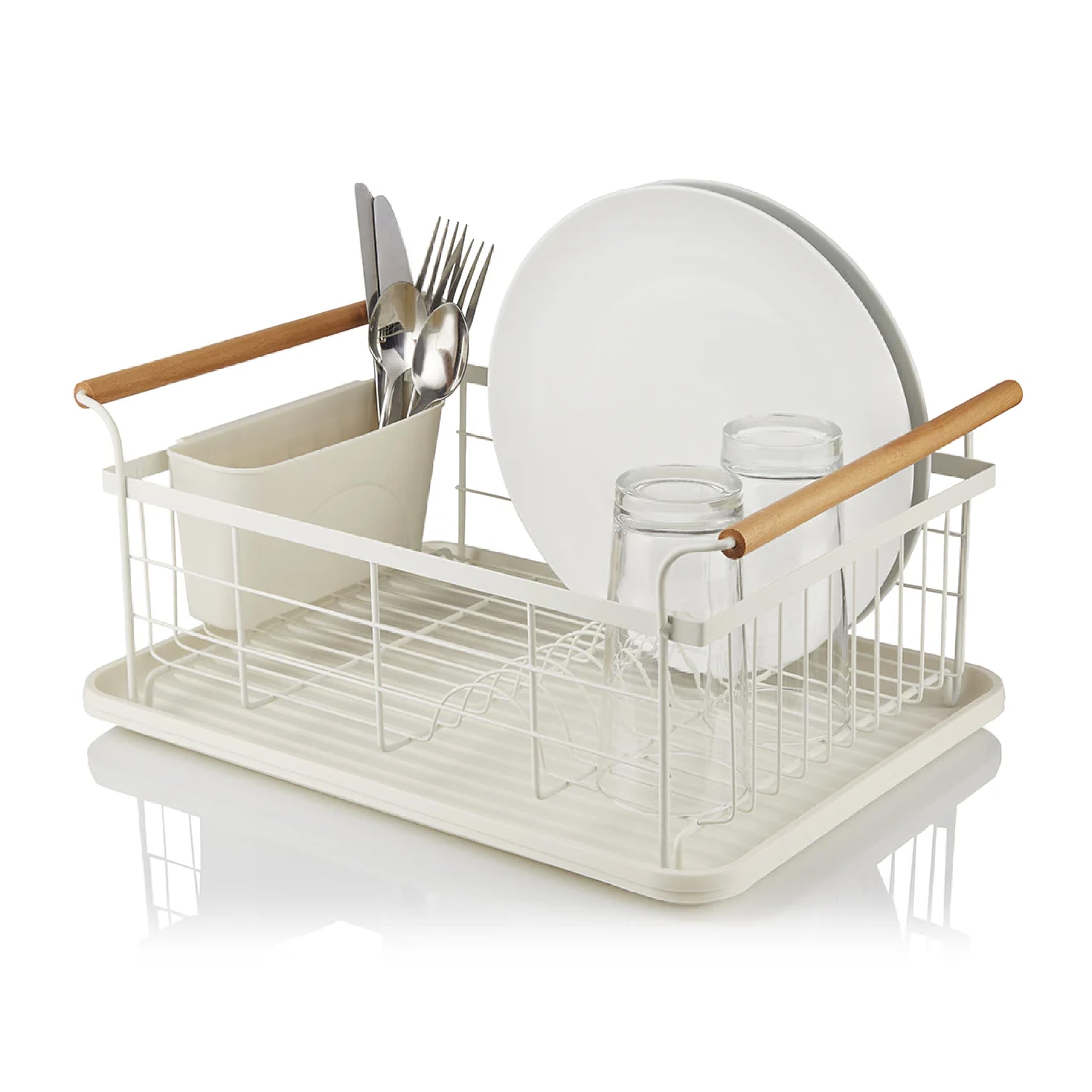 Swan SWKA5062WHTN Nordic Geschirrkorb mit abnehmbarem Besteckhalter, Abtropfschale, Anti-Rutsch-Füße, Weiß