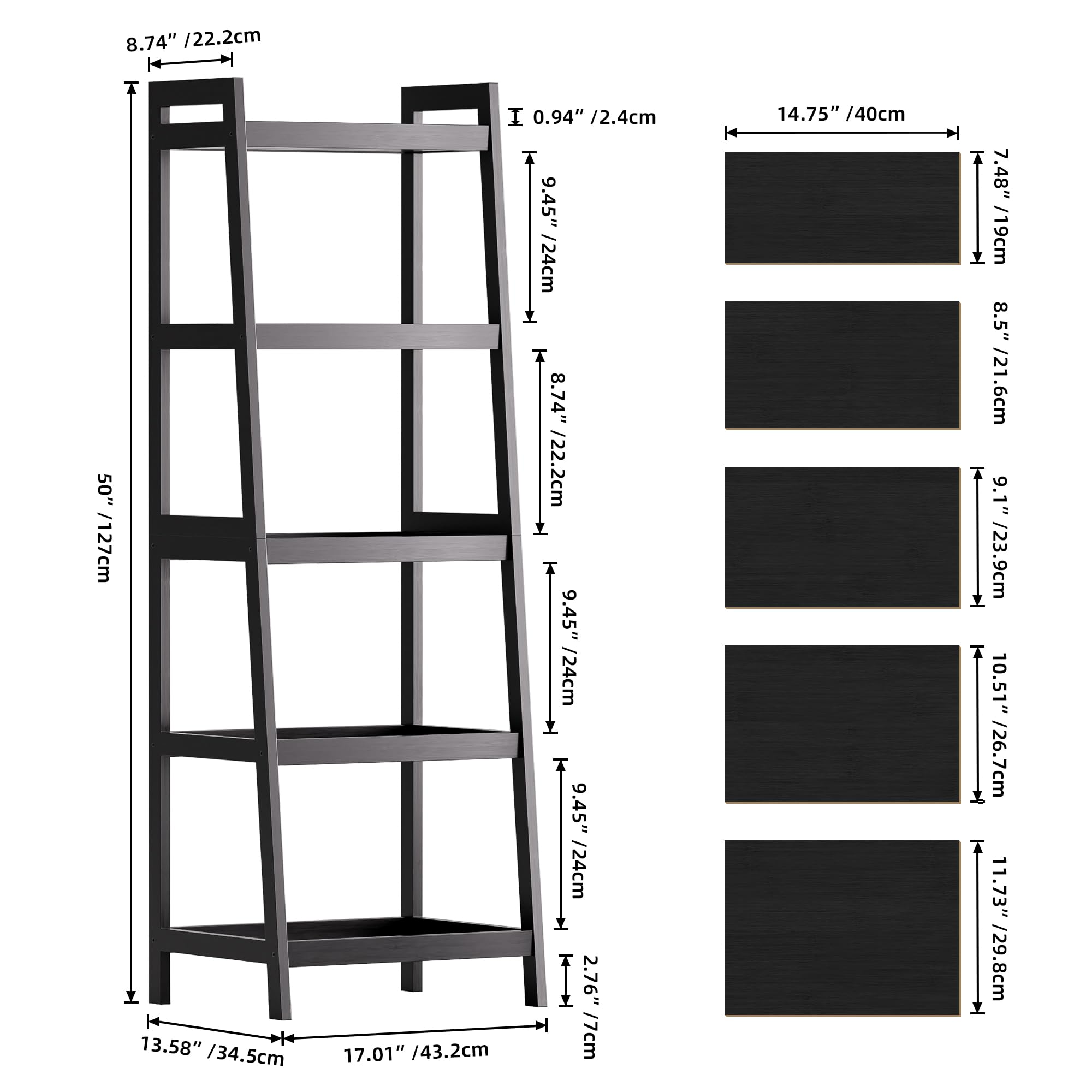 SMIBUY Bibliothèque échelle en Bambou, 4 Niveaux et 5 Niveaux Présentoir de Plantes autoportant Étagères économiseurs d’Espace pour Chambre, Cuisine, Balcon (Noir, 5 Niveaux (127cm H))