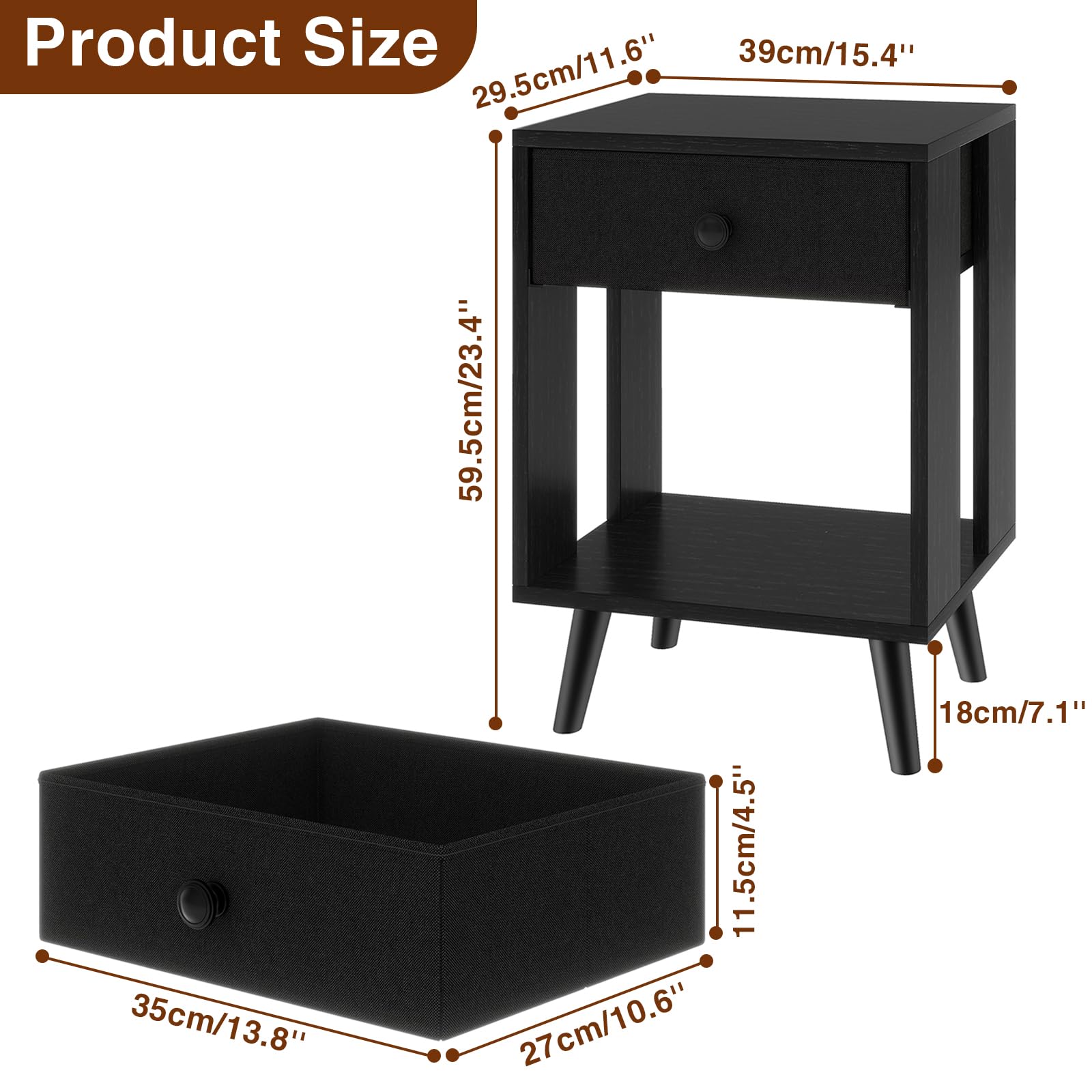 YMYNY Table de Chevet, Lot de 2, Table d'Appoint, Commode de Chevet, Tiroir en Tissu, Étagère Ouverte, Pieds Massifs en Bois, Moderne, Structure Simple, pour Chambre, Salon, Noir HST012B-2