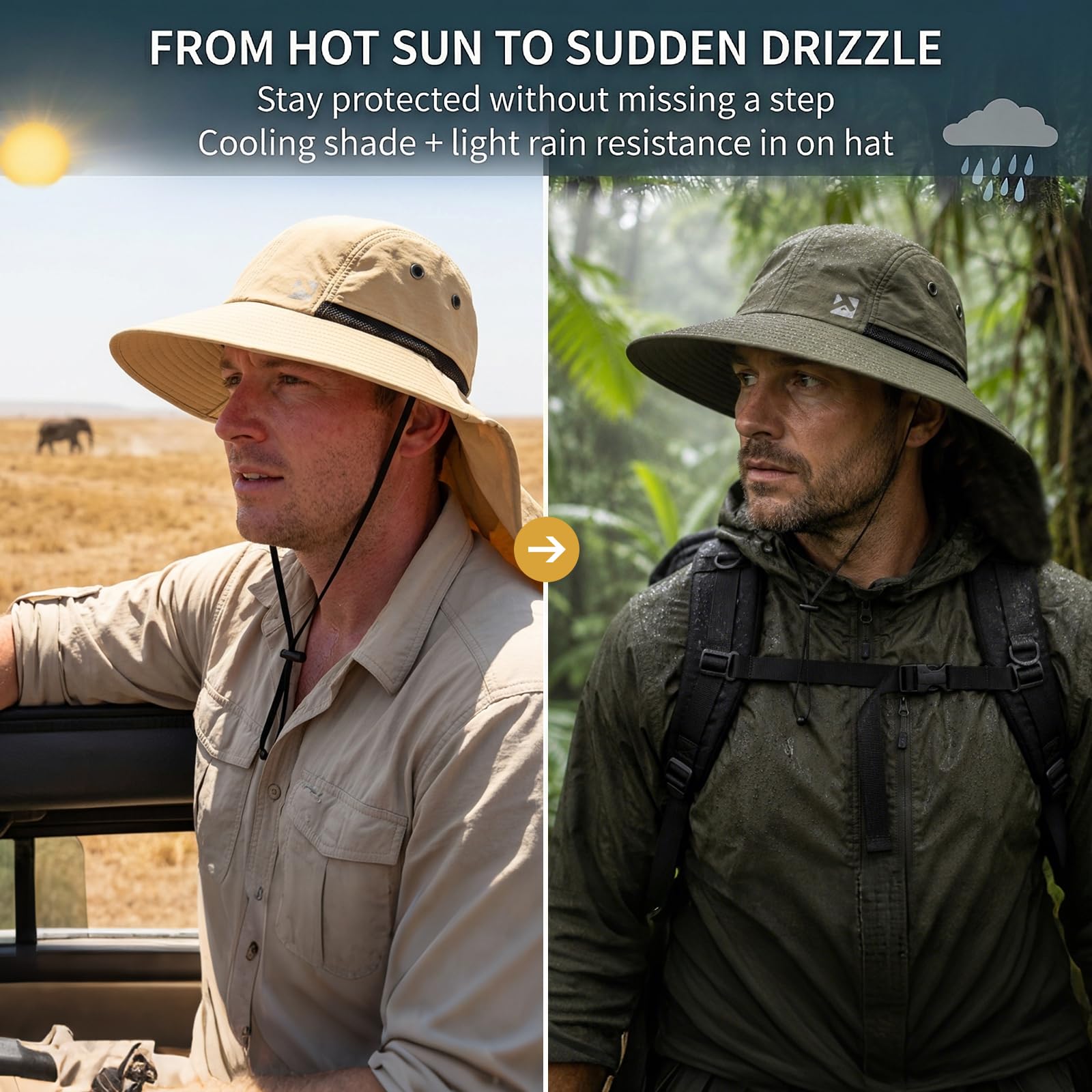 Chapeau de soleil surdimensionné XL XXL pour homme, grande tête, cou, rabat, ombrage, imperméable, UPF50+, chapeau à large bord, pour la pêche, le safari, la randonnée