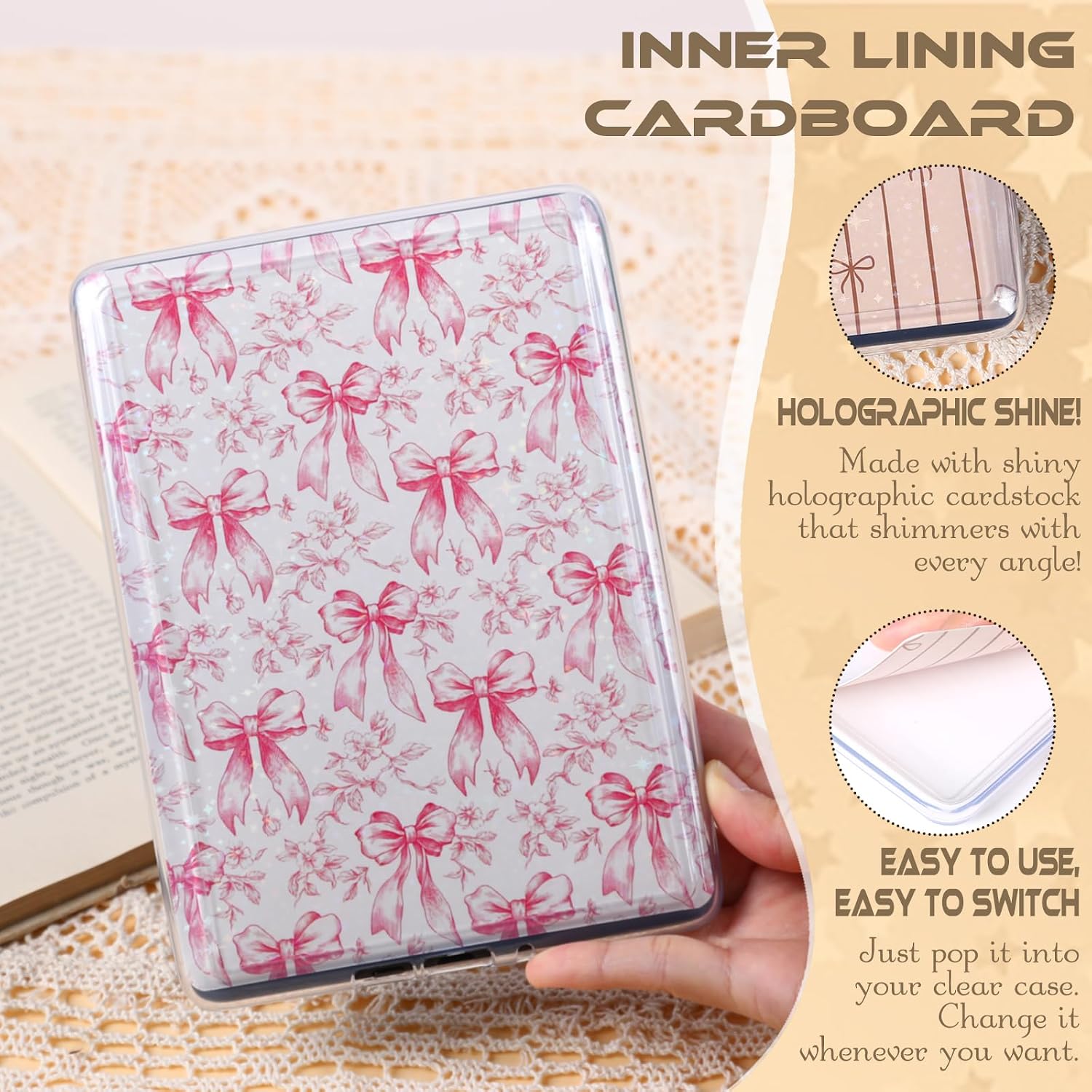TAKEALOOK Coquette Insert Cardstock for Kindle - 12Pcs Cute Stylish Pink Bow Back Cover Inserts Decorative Accessories for Kindle E-Reader, Bookish Gifts for Book Lovers, 6.9"x4.8"