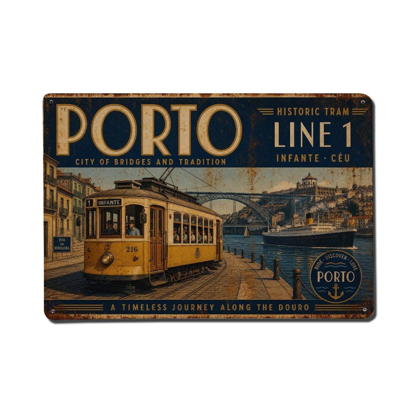 Yrnq 08X12inch Vintage Style Vintage Tram Line Historic Streetcar Route Portugal Metal Tin Sign