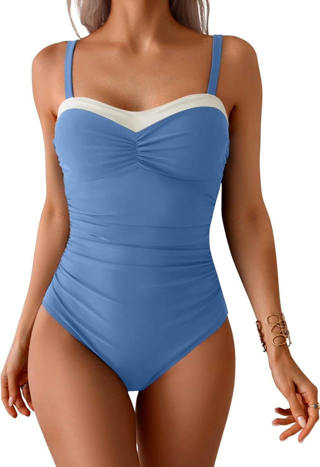 One Piece Swimsuit Tummy Control Color Block Bathing Suits for Women Ruched Slimming Swim Suit Tie Back