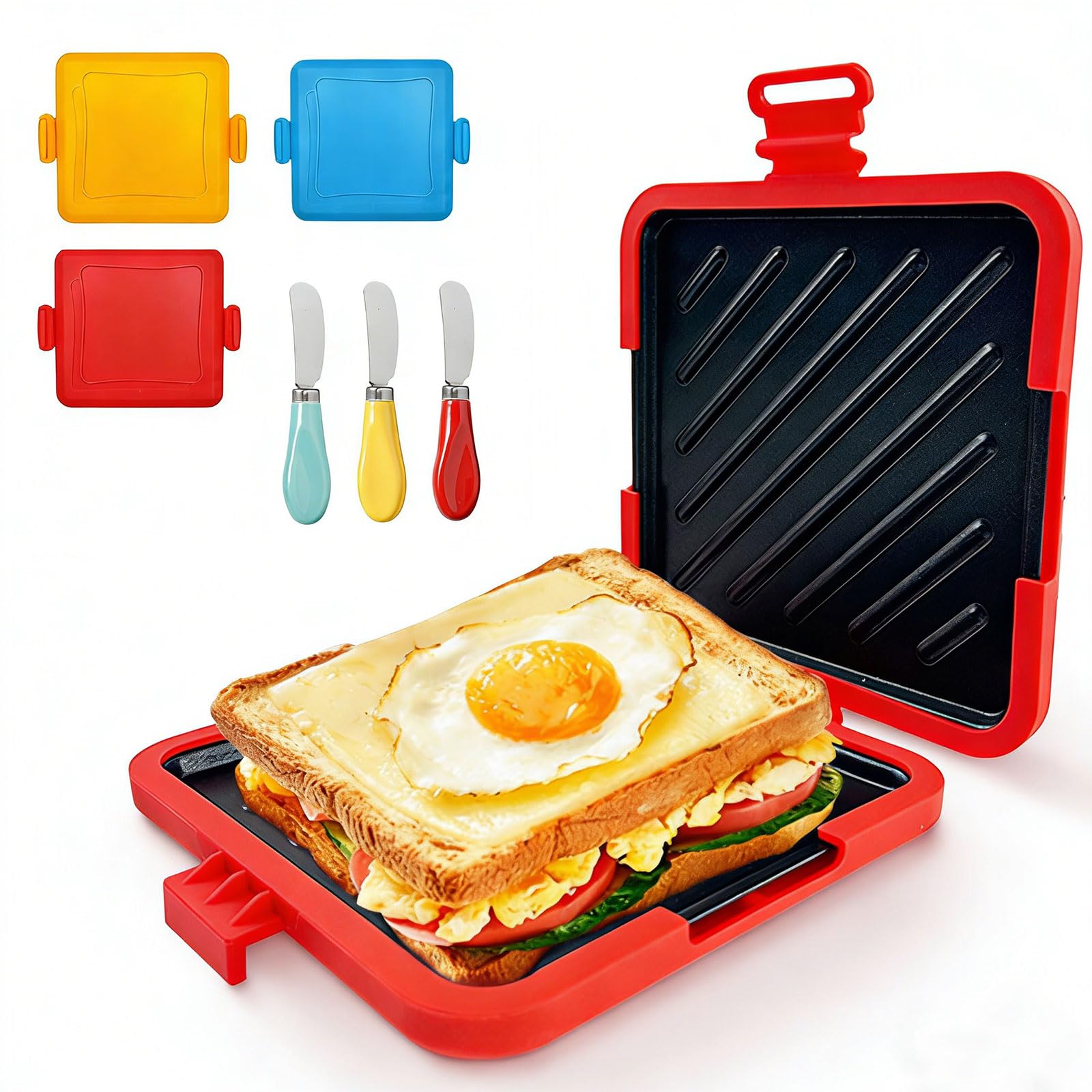 Microwave Toastie Sandwich Maker with Butter Knife, Microwave Toaster, Sandwich Maker, Panini Maker,Dishwasher Safe Design No Electricity Needed Fast Cooking for Travel Friendly/Office/Home (Red) â image 1
