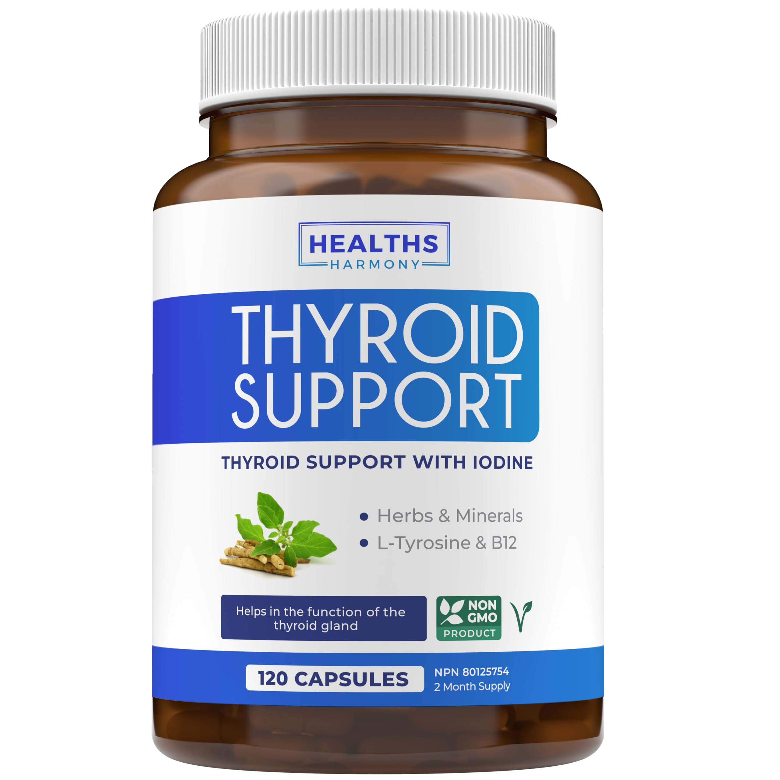 Thyroid Support with Iodine 120 Capsules - Improve Your Energy - Ashwagandha Root, Zinc, Selenium, Vitamin B12 Complex - Thyroid Iodine Supplement for Women & Men - Vegan, Non-GMO - 60 Day Supply