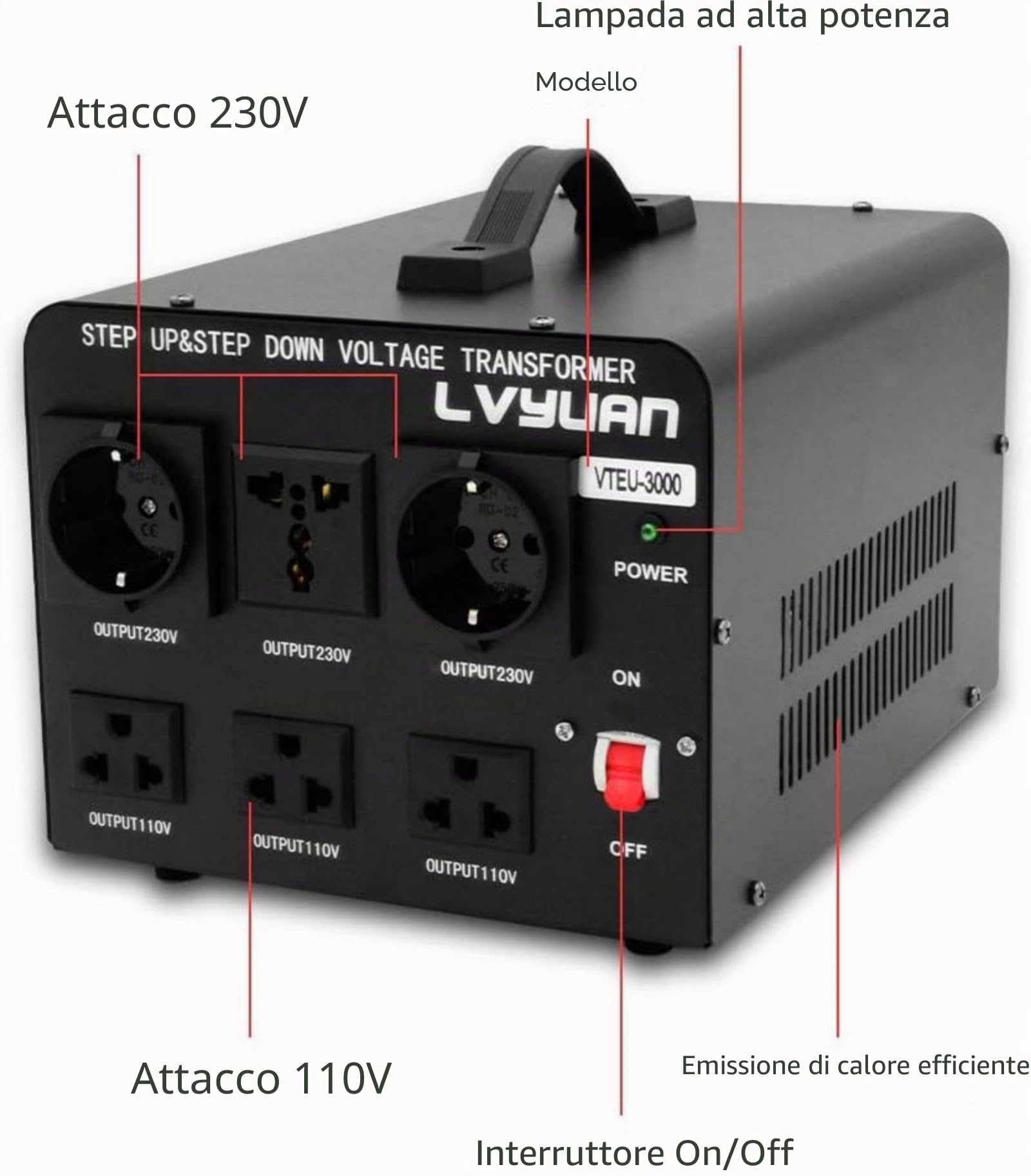 Cantonape Convertitore Di Tensione 3000W Trasformatore Di Tensione 220V - 110V 3000W Stabilizzatore Di Tensione Automatico Con 6 Uscite E Fusibili