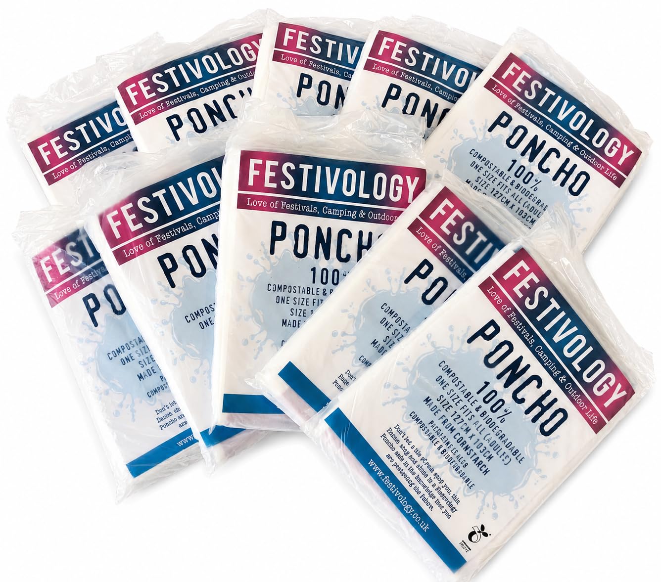 Festivology Clear Biodegradable Rain Poncho Pack Of 10