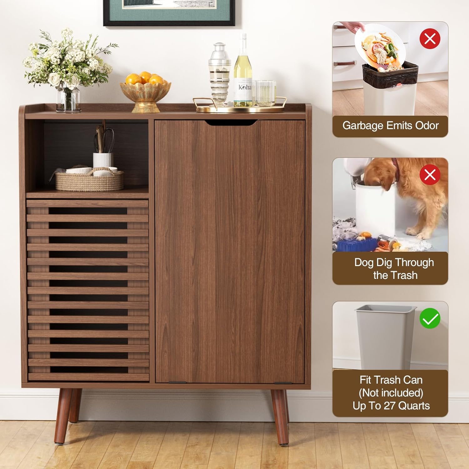 Storage Cabinet with slatted Door, Tilt Out Trash Can Cabinet for 10 Gallon Wooden Dog-Proof Recycling Bin with Hidden Laundry Basket for Kitchen Island and Dining Room, Walnut