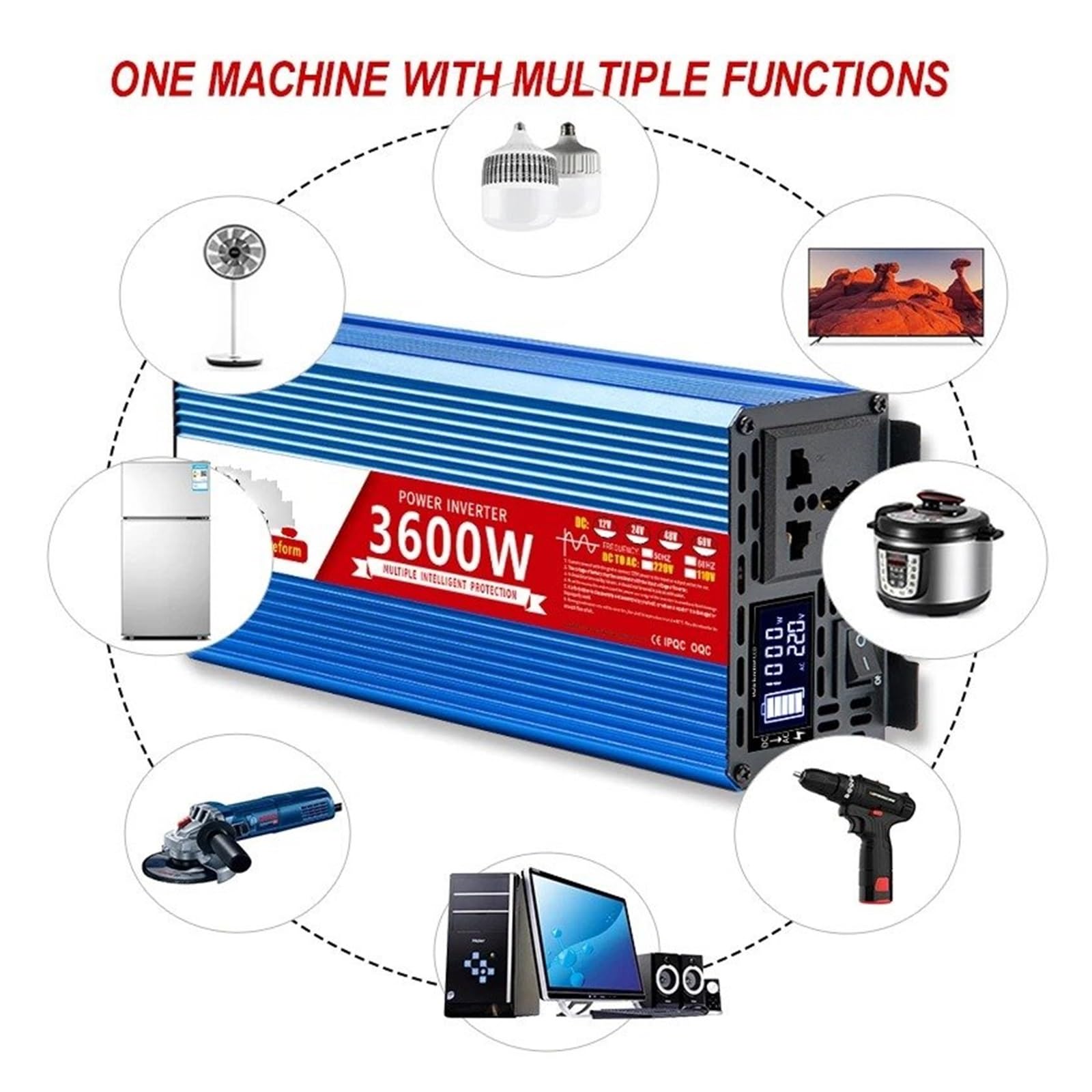Convertidor Inversor Universal Onda Sinusoidal Pura 1800 W/2200 W/3000 W Convertidor Potencia 50/60 Hz CC 12 V 24 V 48 V 60 V A 110 V-240 V con Pantalla LCD Transformador(1000W,12V,220V-240V 50HZ)