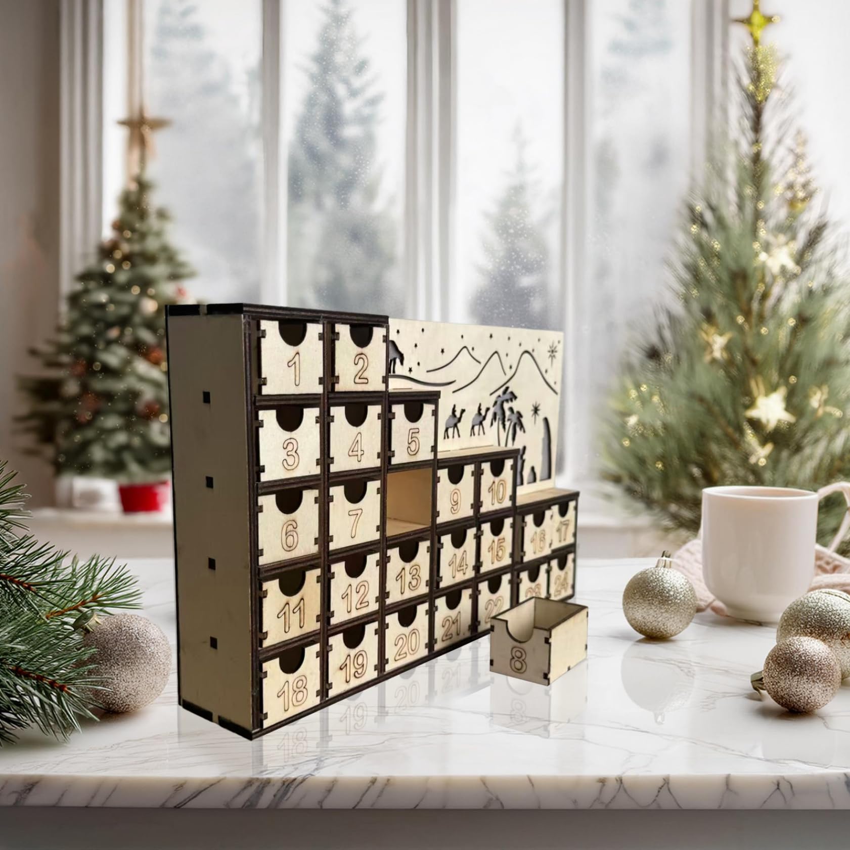 Calendario dell'Avvento in legno 1PC con cassetti LED Conto alla rovescia per 24 giorni Calendari dell'Avvento vuoti fai-da-te da riempire riutilizzabili per decorazioni per feste natalizie