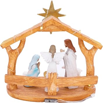 Nativity Set with LED Lights - Indoor Nativity Scene with Manger, Figures & Story - Festive Christmas Decorations