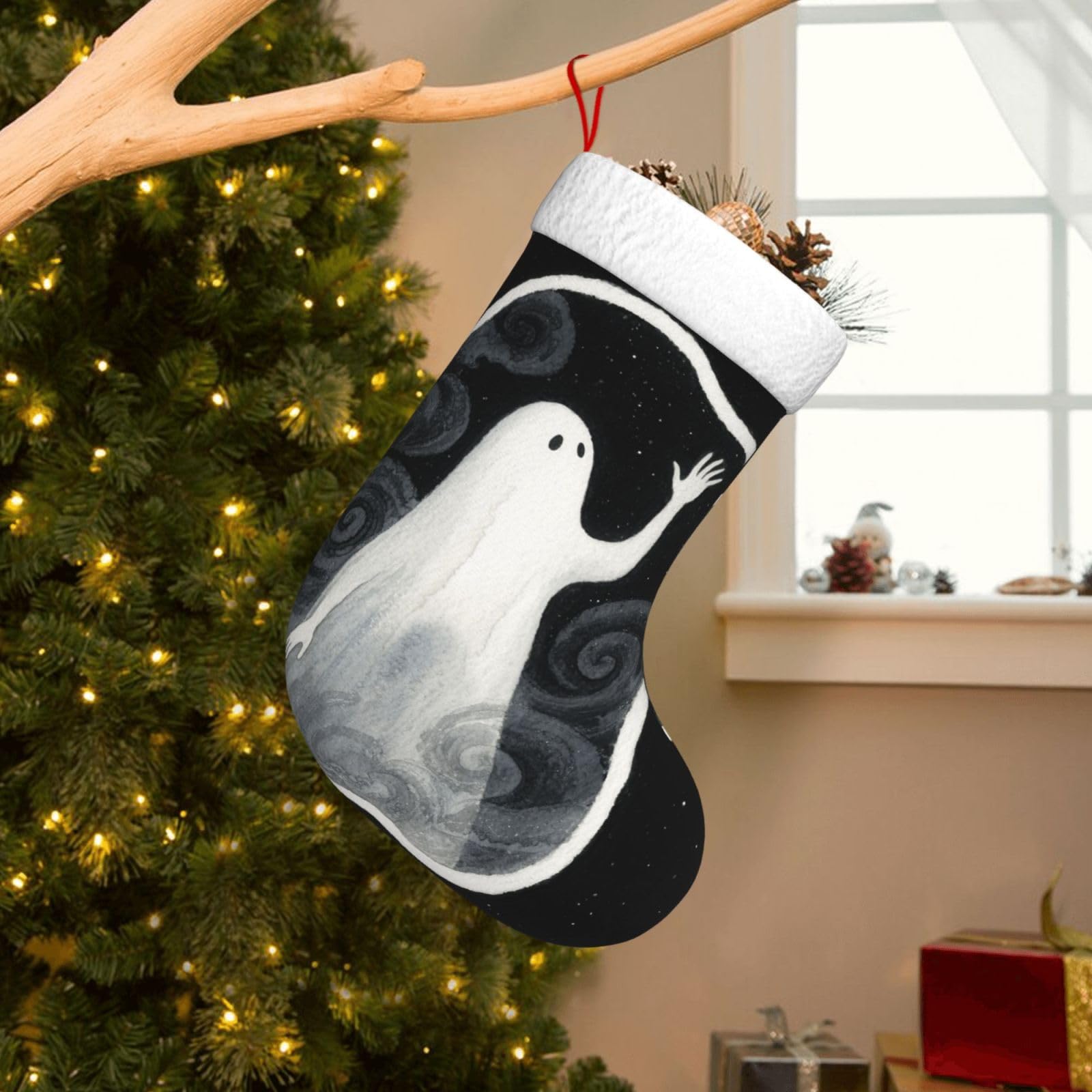Velvet Christmas Stockings 17.7 Inch, Ghost Xmas Stocking with Soft Cuff,Classic Personalized Christmas Tree Decoration for Family Holiday New Year Party Supplies