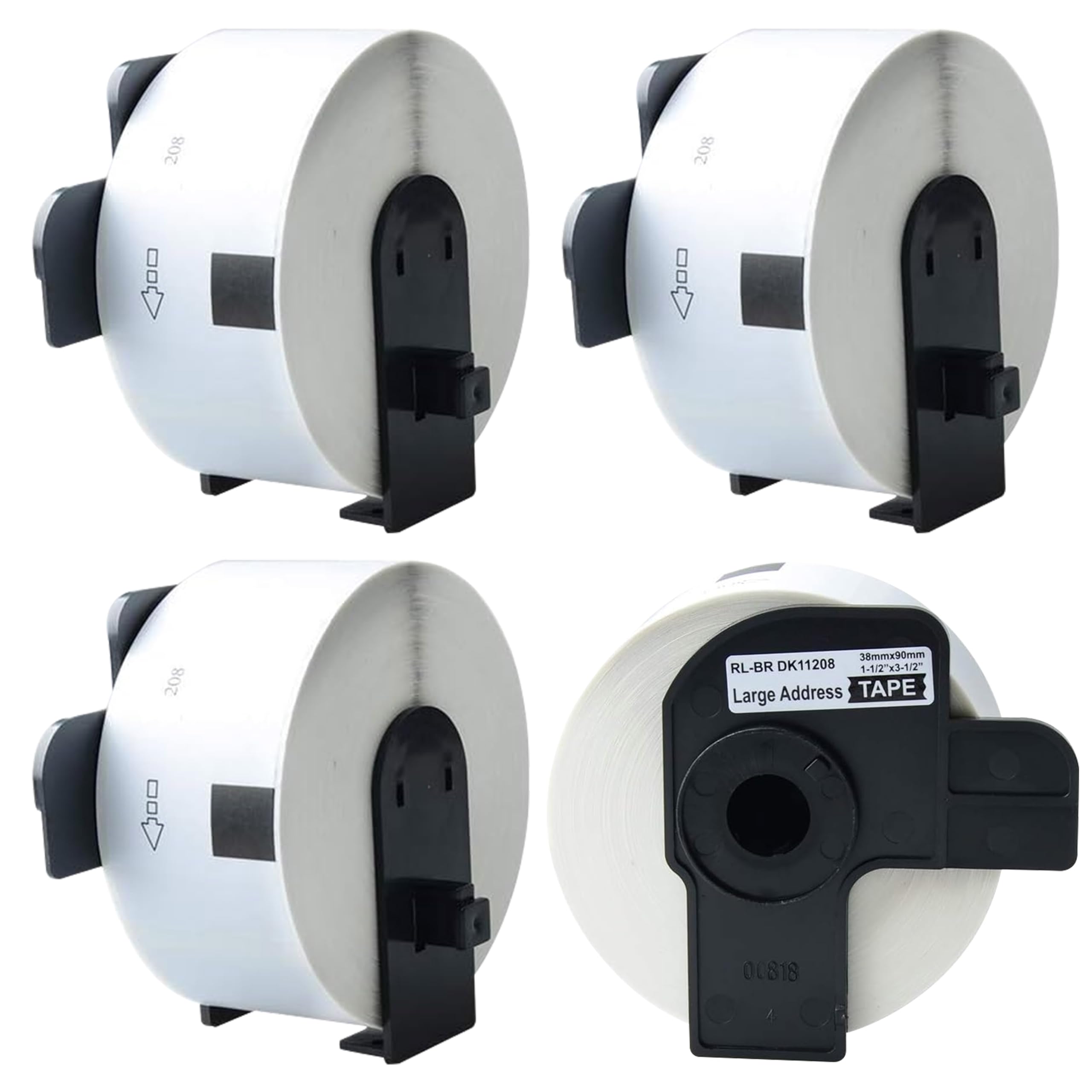 AYMSous Compatible 4 Pack DK-1208 Die-Cut White Label Paper (1.4"x 3.5" / 38mm x 90mm) with 4 Refillable Cartridge Replacement for Brother DK-1208 for QL Label Printers (400 Labels/Rolls)