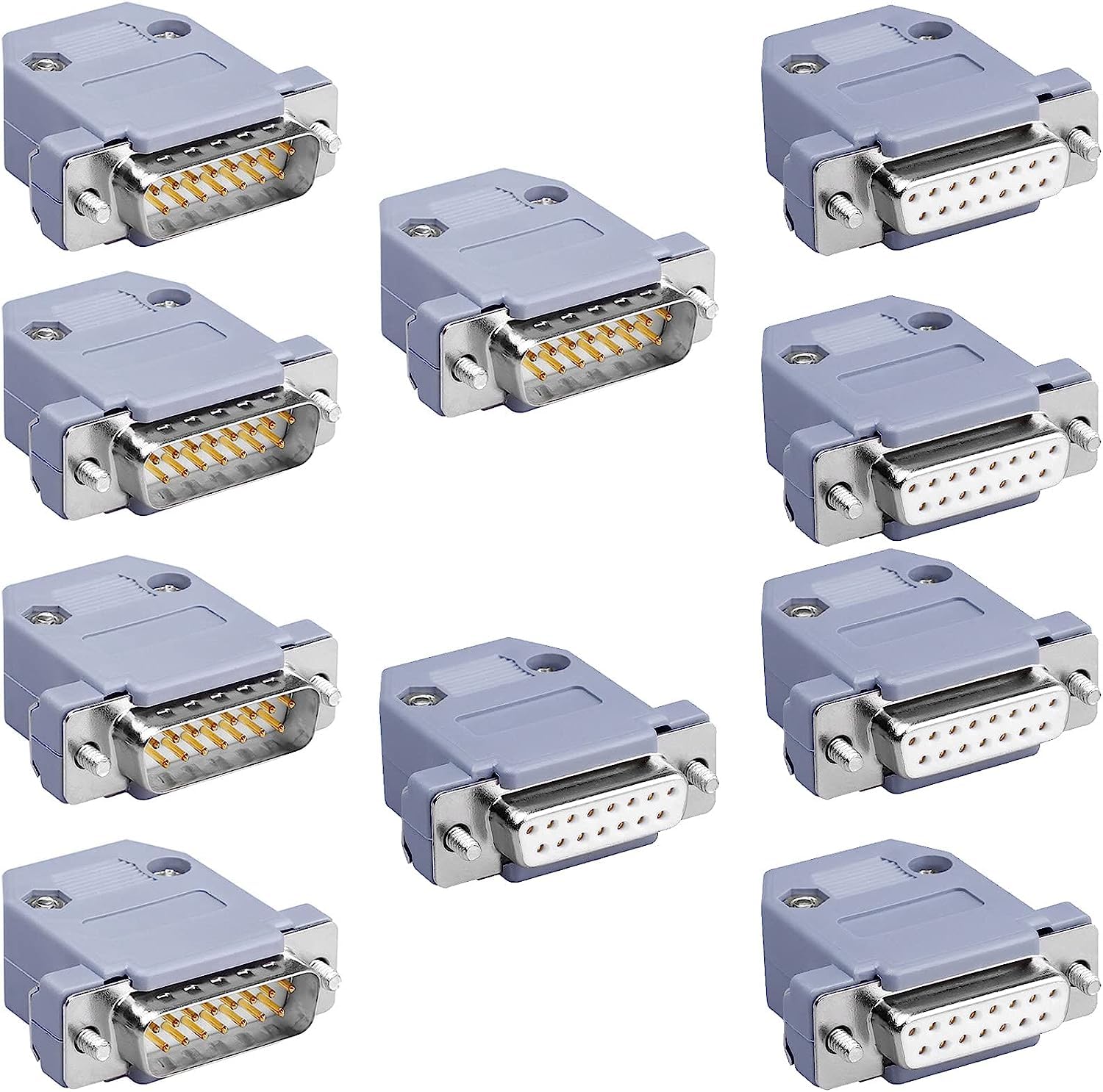 PENGLIN DB15 - Set di 10 connettori seriali per saldatura, maschio femmina RS232 D-SUB, connettori dorati RS232, 15 pin, adattatore per saldatura con cappuccio in plastica, beccuccio per scarico della