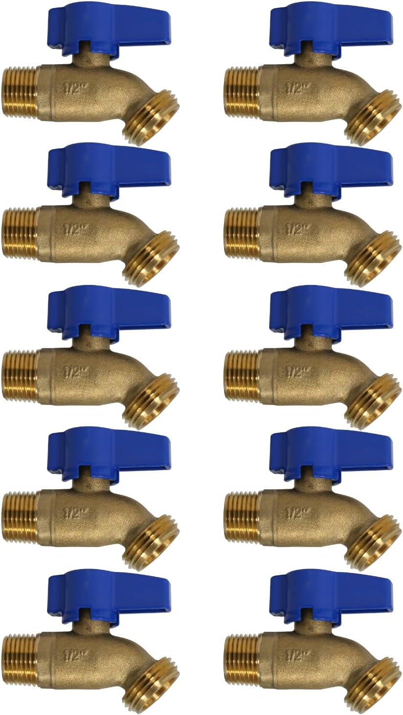10 PIECES XFITTING 1/2" MALE THREADED X 3/4" GARDEN HOSE THREADED HOSE BIBB NO-KINK, 1/4 TURN, BRASS, WATER OR OIL,
