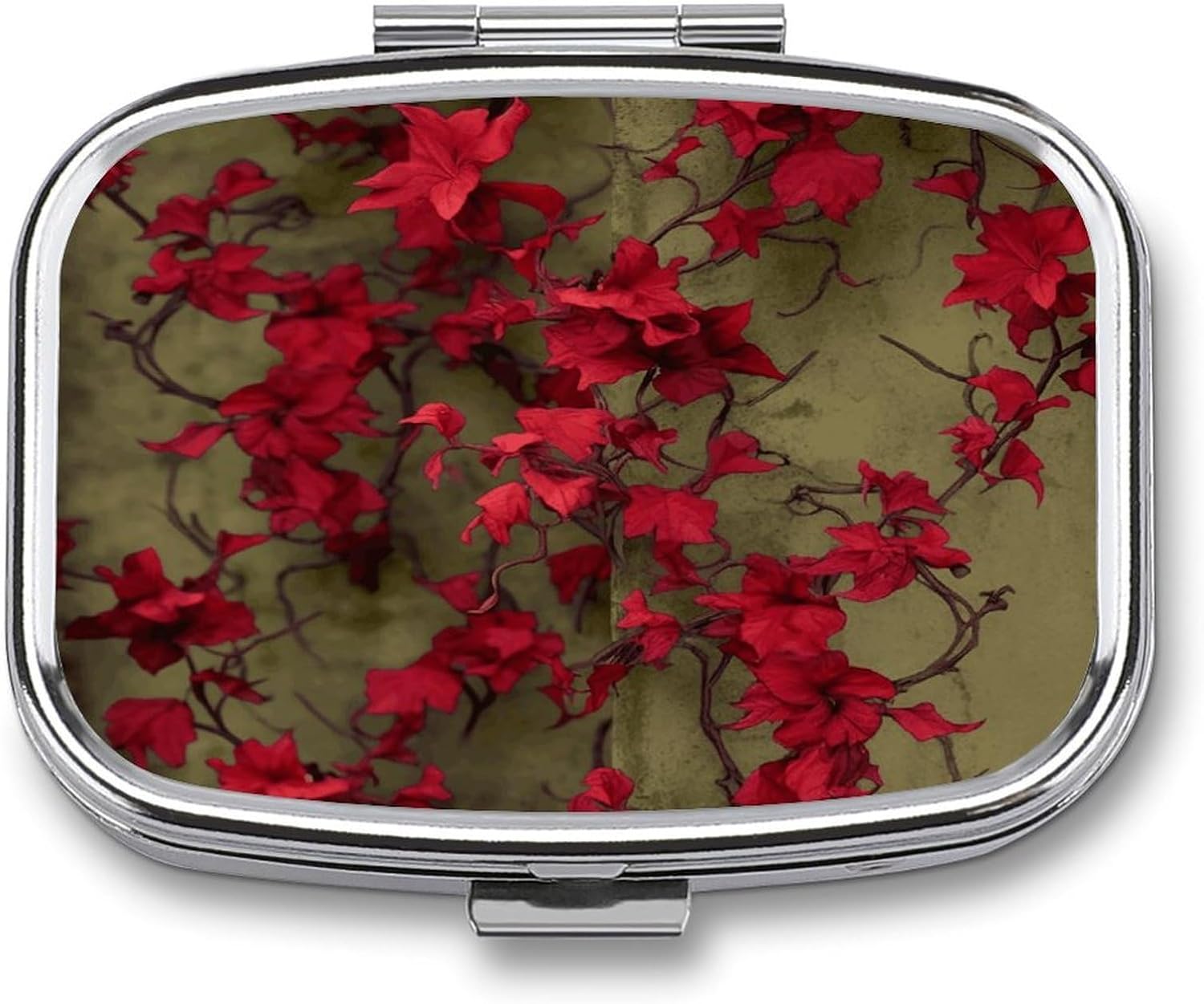 Red Flower Vine Travel Pill Organizer Pill Case