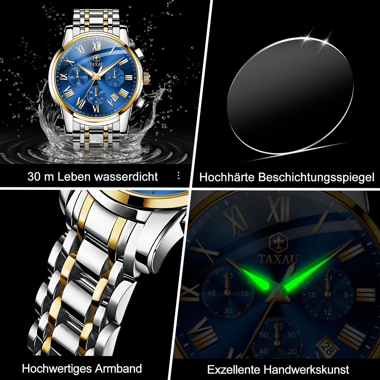 Taxau Uhr Mit Datums Leuchtend wasserdichte Klassische Geschäftlich Vintage Quarzuhren herrenuhren Römisches Zifferblatt mit Nachtsicht Leicht zu lesen Herren Uhren
