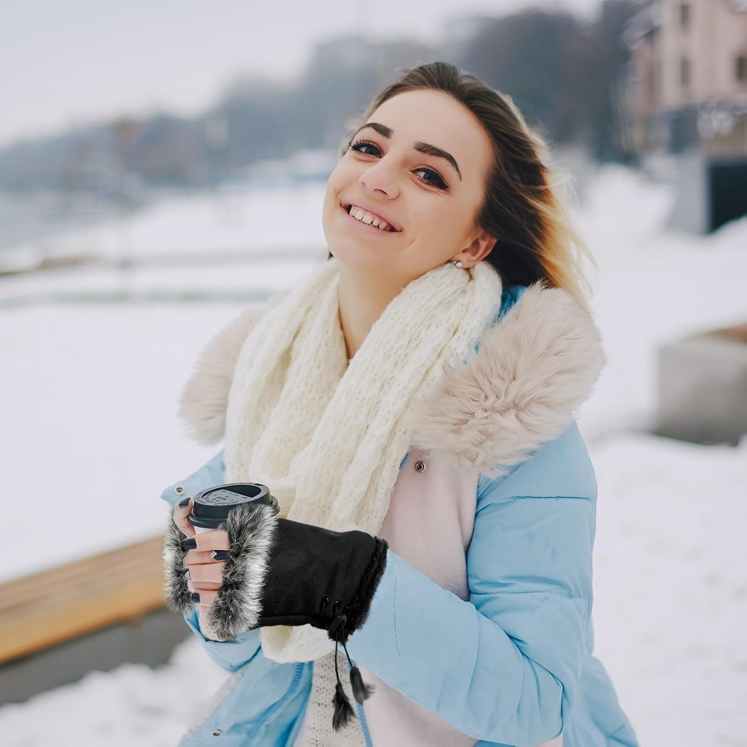 SATINIOR Women Fur Fingerless Gloves Winter Rabbit Fur Lined Half Finger Mittens for Women Girls Teen Working Writing - Image 5