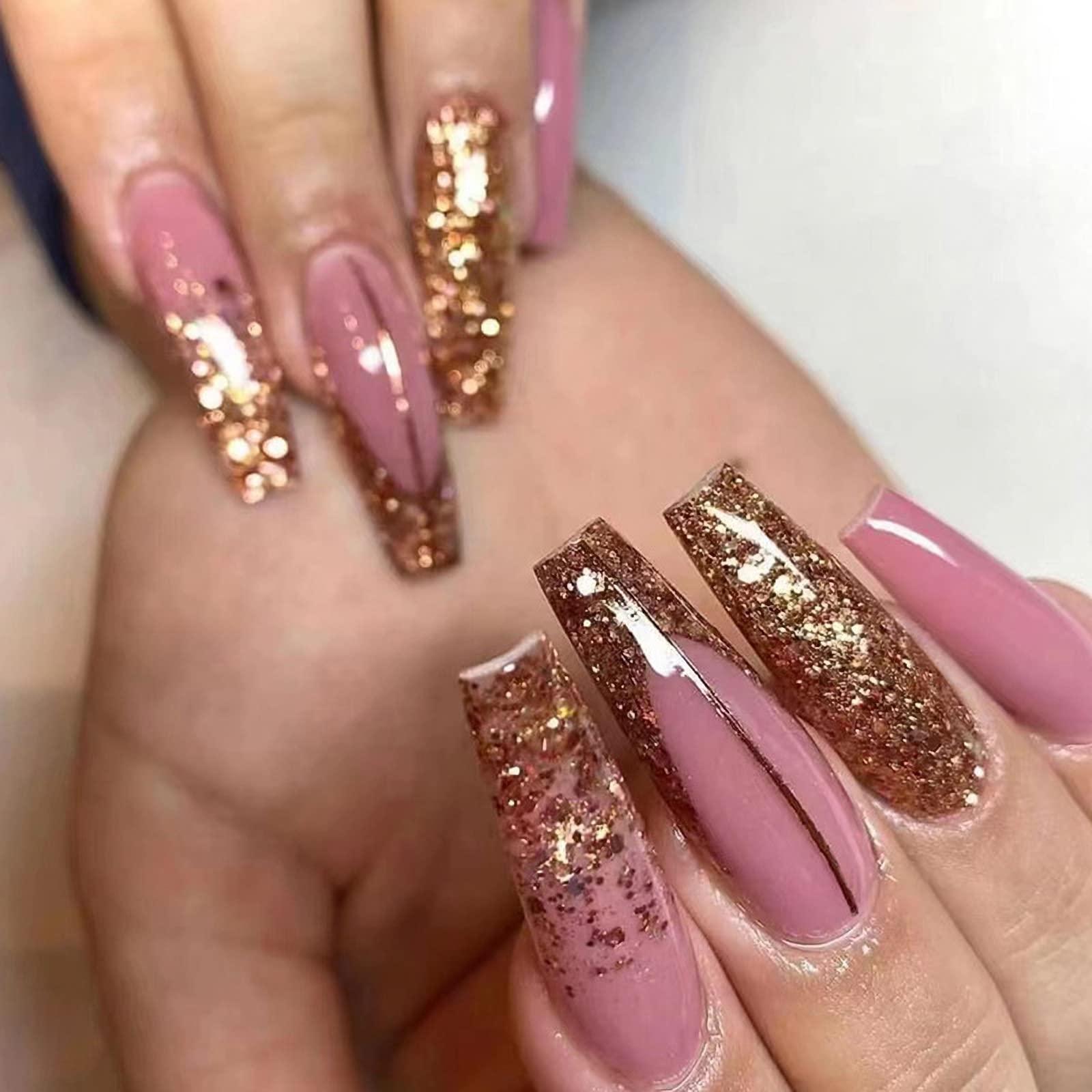 MISUD Long Press on Nails Coffin False Nails Glossy Glitter Glue on Nails Ballerina Acrylic Nails French Ombre Fake Nails with Design for Women & Girls 24Pcs