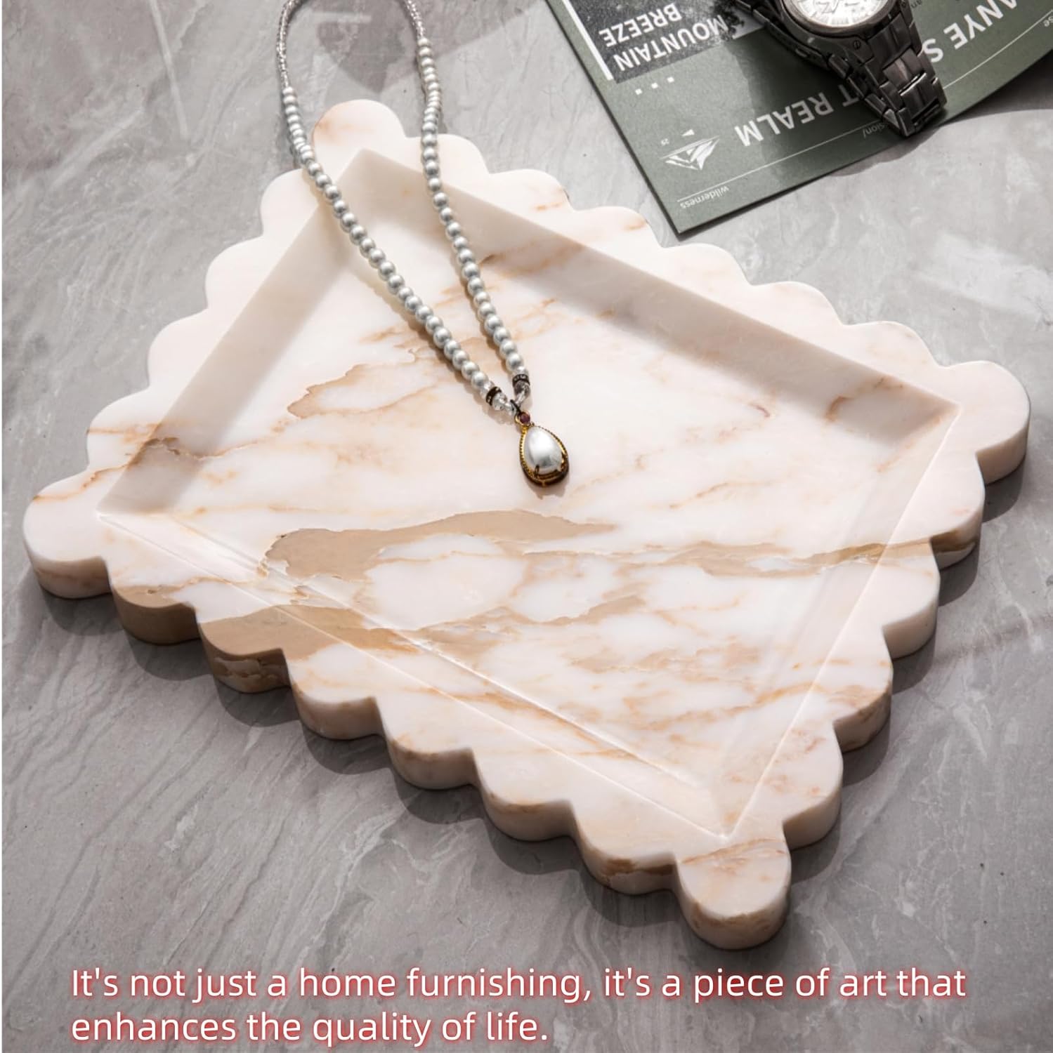 100% Natural Marble Vanity - Scalloped Marble Tray for Bathroom Countertop, Kitchen Counter, Dresser, Candle & Key, Luxury Stone Tray for Home Decor (Gold)