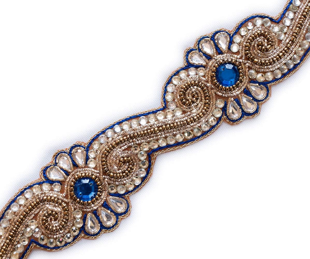 Heritage Trading Blue Beaded Sewing Trim Gold Bullion & Beads 1” Wide 1.5 Yards