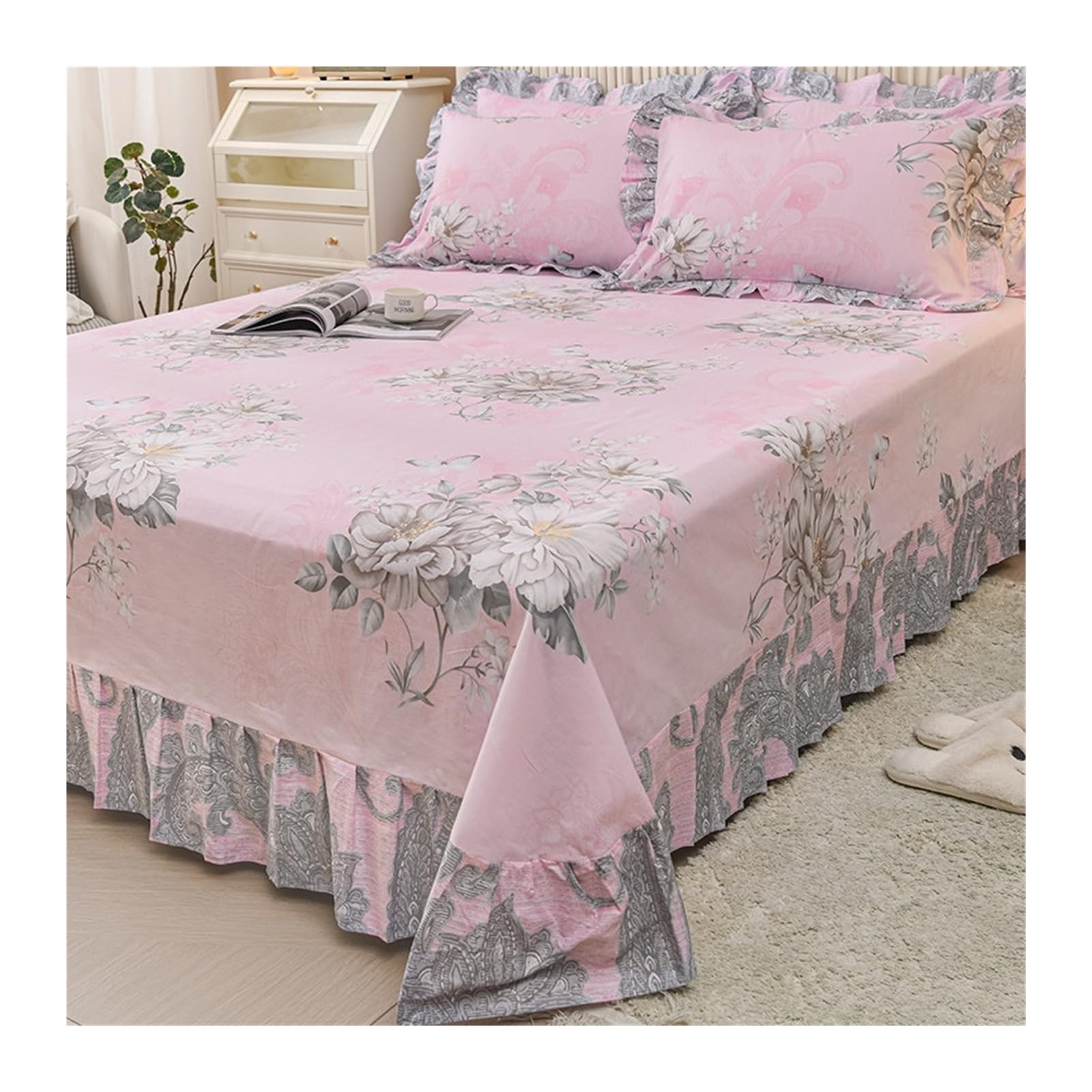 Bettlaken Betttuch Laken aus 100% Baumwolle mit Rüschen Bettrock 250x250/270cm Flaches Laken im Vintage-Stil, romantische Rüschen(Flower E,250x270cm+48x74cm x2)