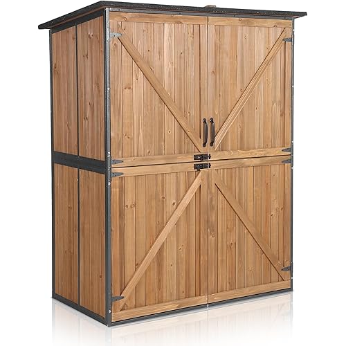 Outdoor Storage Shed with Floor - Waterproof Natural Fir Cabinet with Adjustable Shelves and Double Lock for Anti-Theft - Suitable for Storing Garden Tools, and Household Debris (Brown)