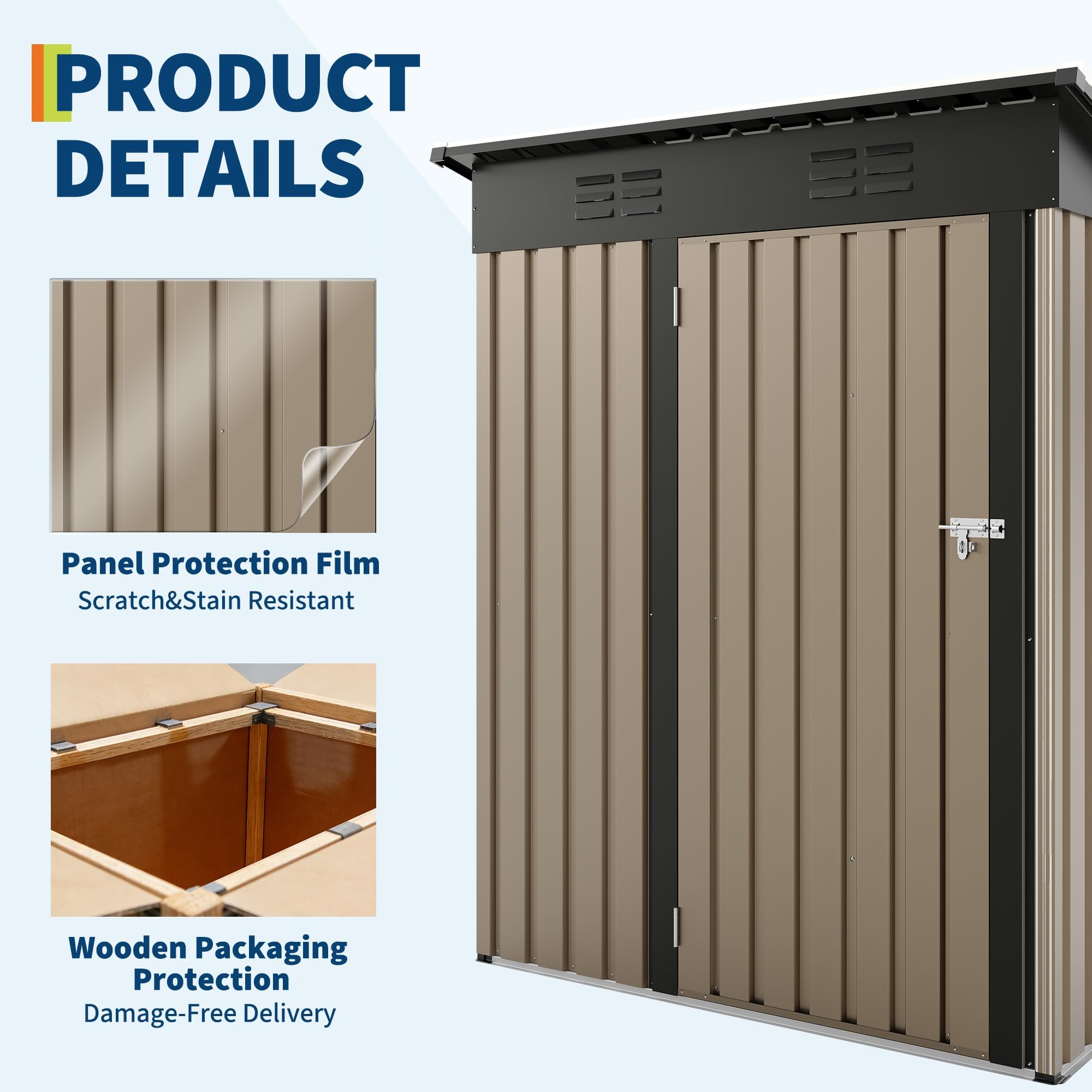 5×3 ft Outdoor Storage Shed, 67 CU.ft Metal Tool Shed with Sloping Roof and Lockable Door, Compact Garden Shed for Backyard, Patio and Lawn Organization, Brown - 3