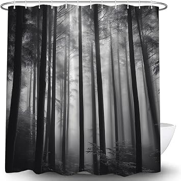 Gothic Black Forest Shower Curtain, Foggy Tree Halloween, 70x70 Inch