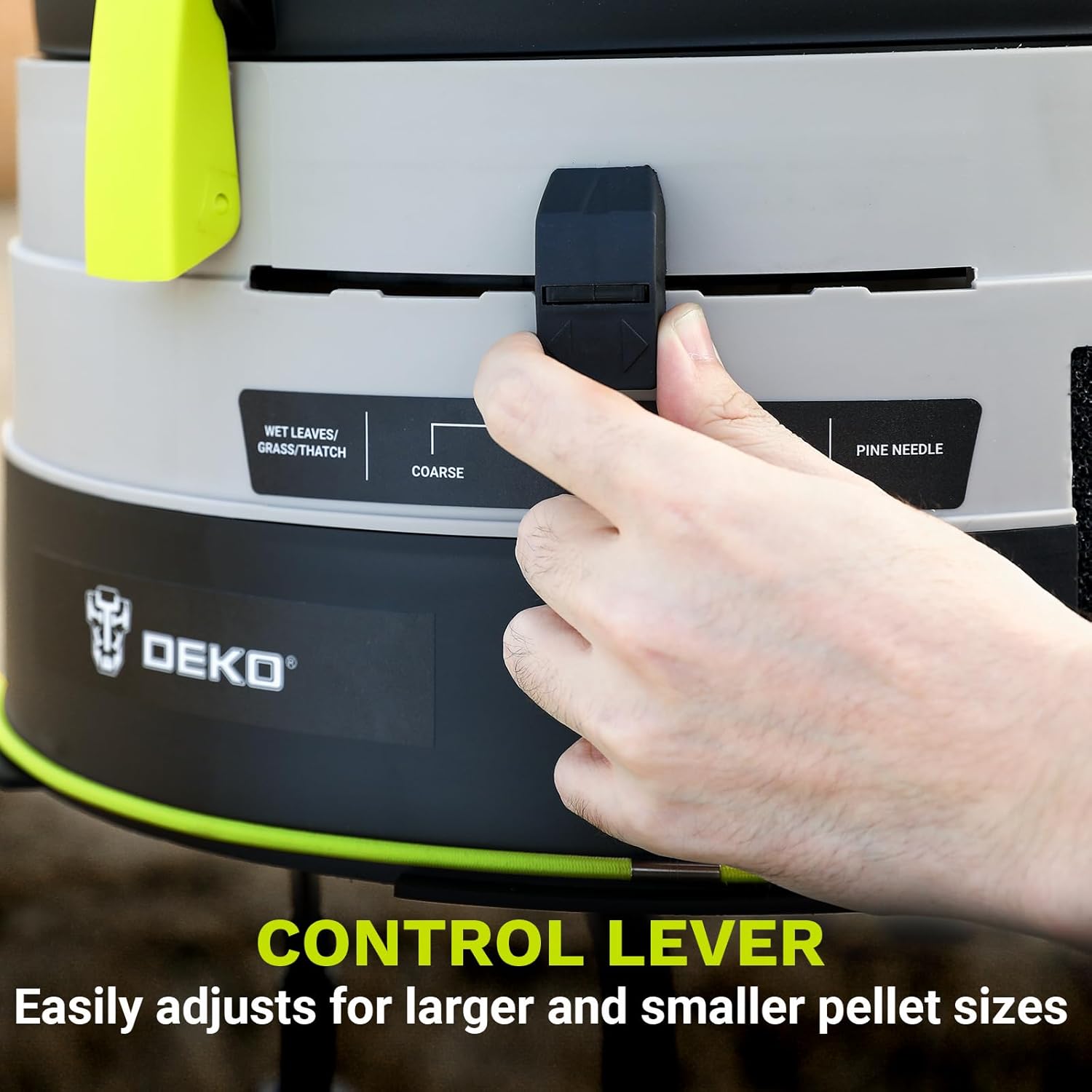 Electric Leaf Mulcher/Shredder: DEKOPRO 15-Amp 8200RPM Motor for 17:1 Reduction Ratio, Adjustable Control Dia with Leaf Scoops Spade and 20 Cutting Lines
