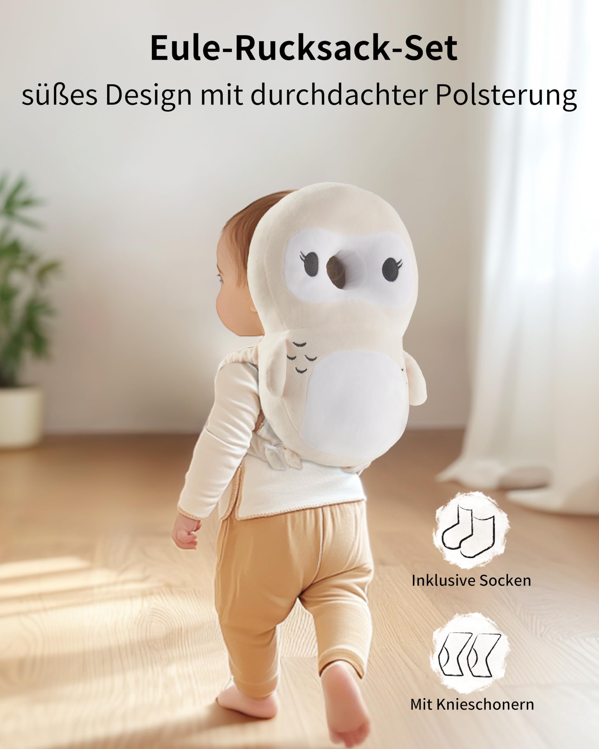 Fortella Baby Kopfschutz Rucksack mit Socken und Knieschonern, Atmungsaktiver Rückenbereich, mit Verstellbarem Trageriemen für 5-24 Monate, zum Krabbeln, Laufen Lernen und Kinderaktivitäten (Eule)