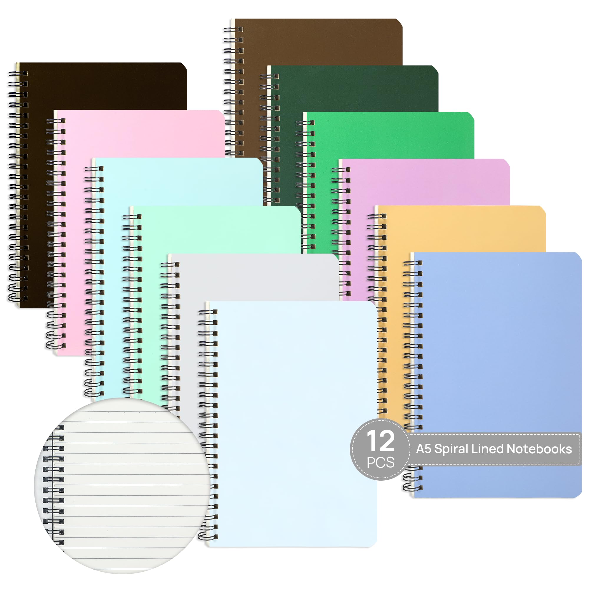 miikoul 12 Pack A5 Spiral Lined Notebooks, 8.3" X 5.5", 60 Sheets/120 Pages Wide Ruled Notebook Spiral Journals Bulk Paper Cover Notepad 12 Colors for