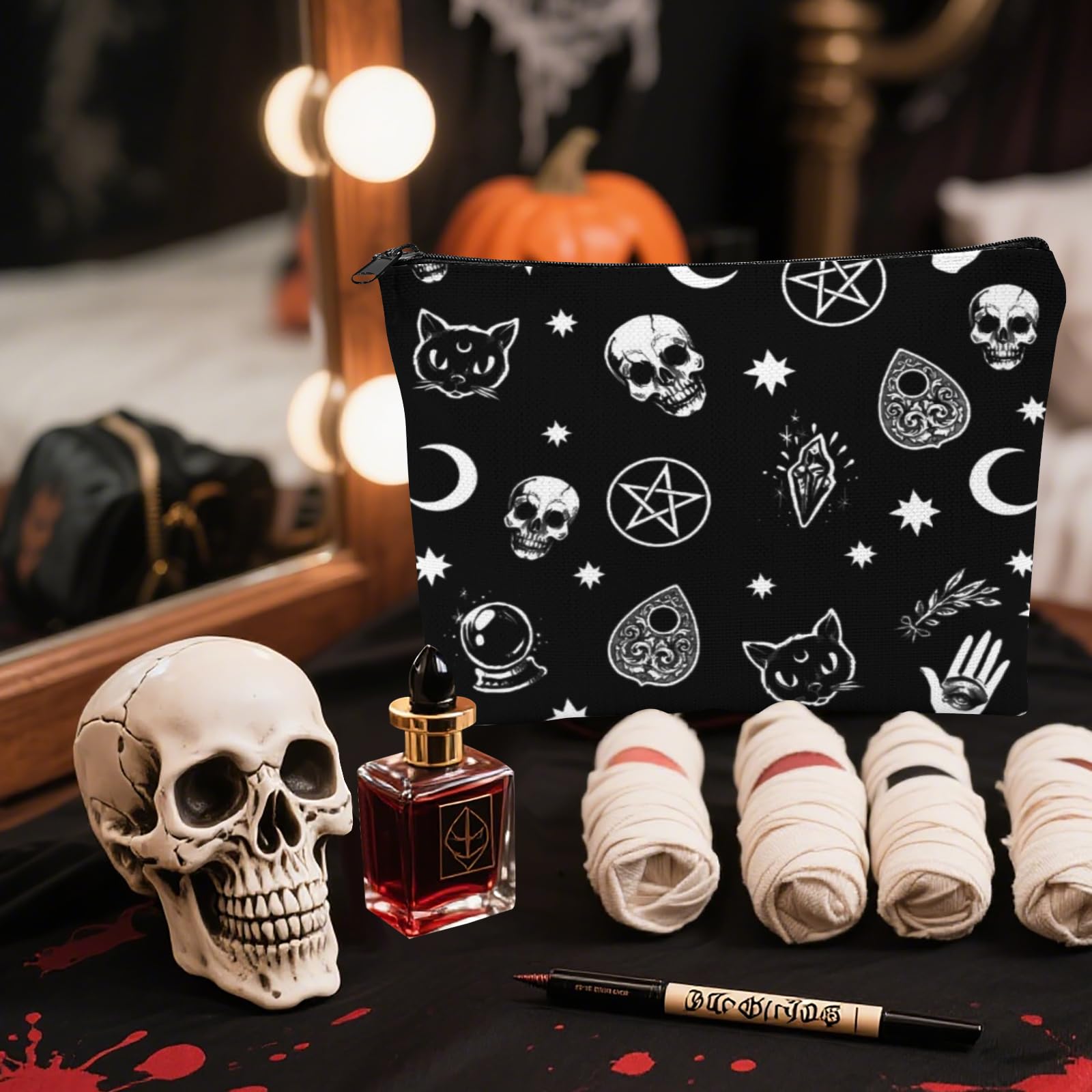 Gothic Skull Cat Moon Makeup Bag, Halloween Spooky Gifts for Women & Girl, Goth Skeleton Large Capacity Portable Toiletries - Image 2