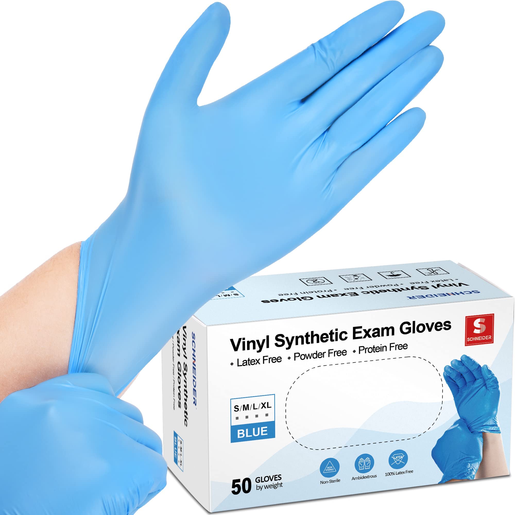 Schneider Vinyl Synthetic Exam Gloves, 4 Mil, Latex Free Disposable Gloves for Medical, Cooking, Cleaning, and Food Prep