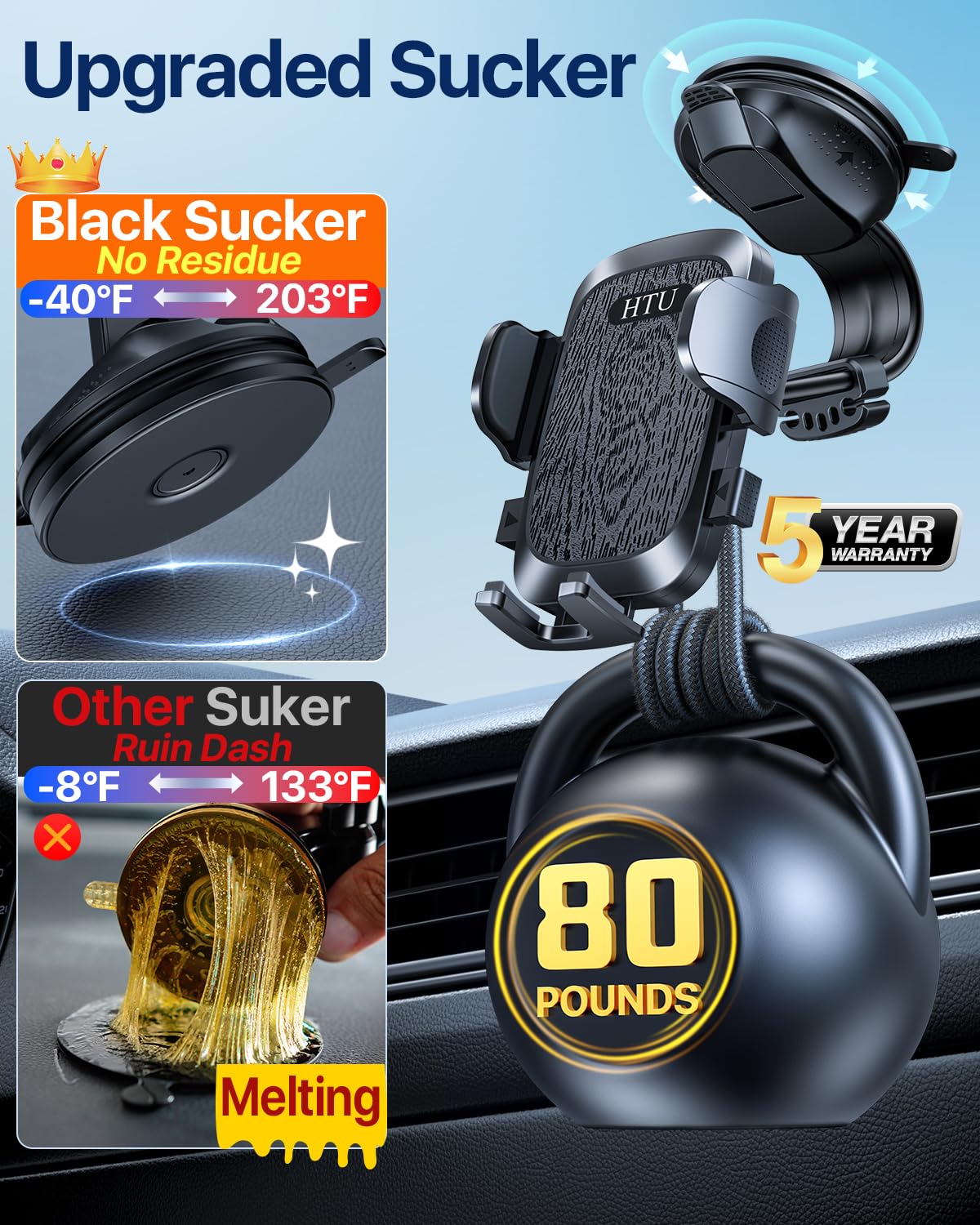 HTU Soporte de teléfono de coche con ventosa más fuerte mejorado, brazo flexible, nunca bloquea la vista, soporte giratorio para salpicadero y parabrisas, soporte de cuna para iPhone 17, 16, 15, 14