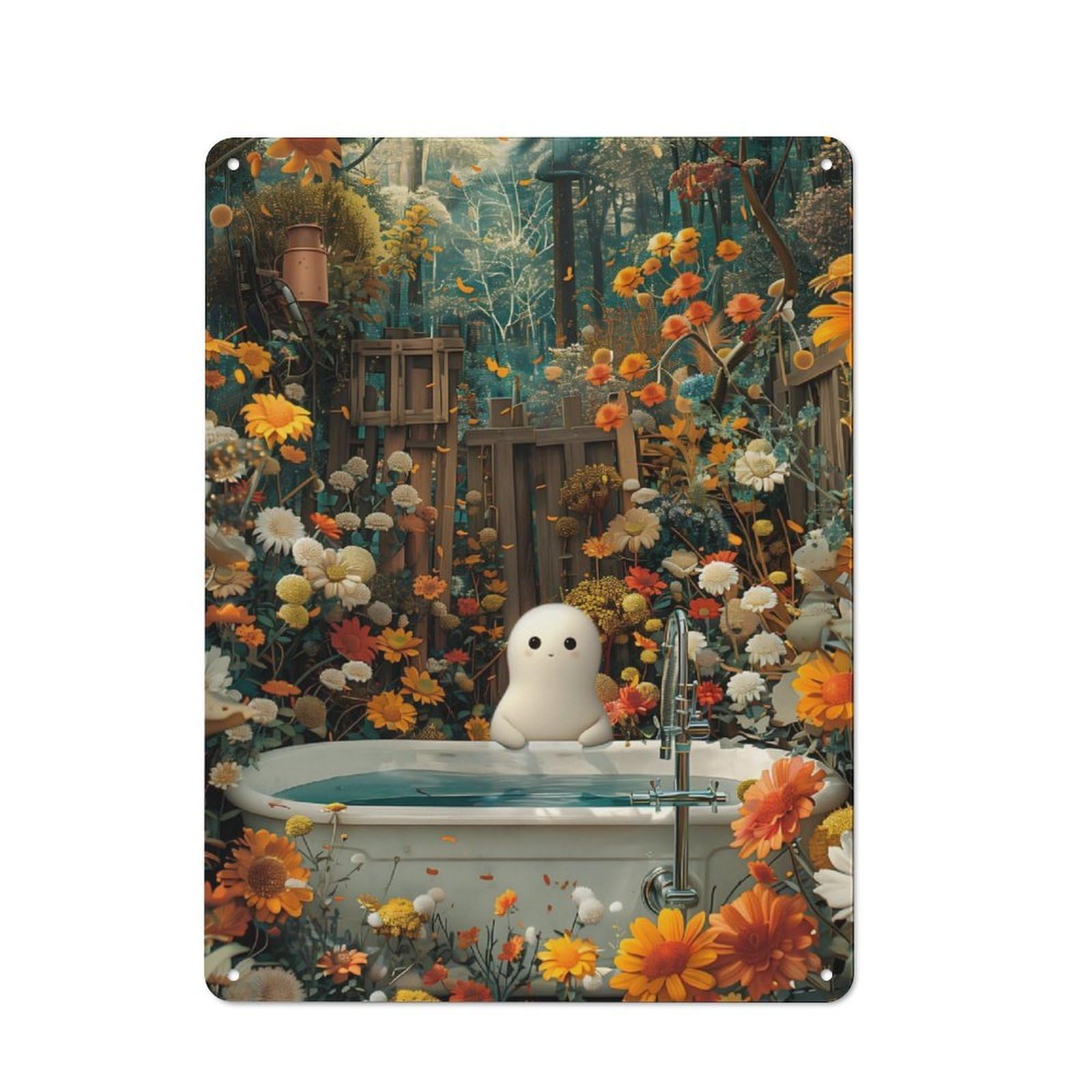 Junmoney Floral Ghost Bathtube Retro Metal Wall Sign 40X30cm For Studio Or Craft Room, For Metal Sign Collectors, For Garage And Workshop Walls