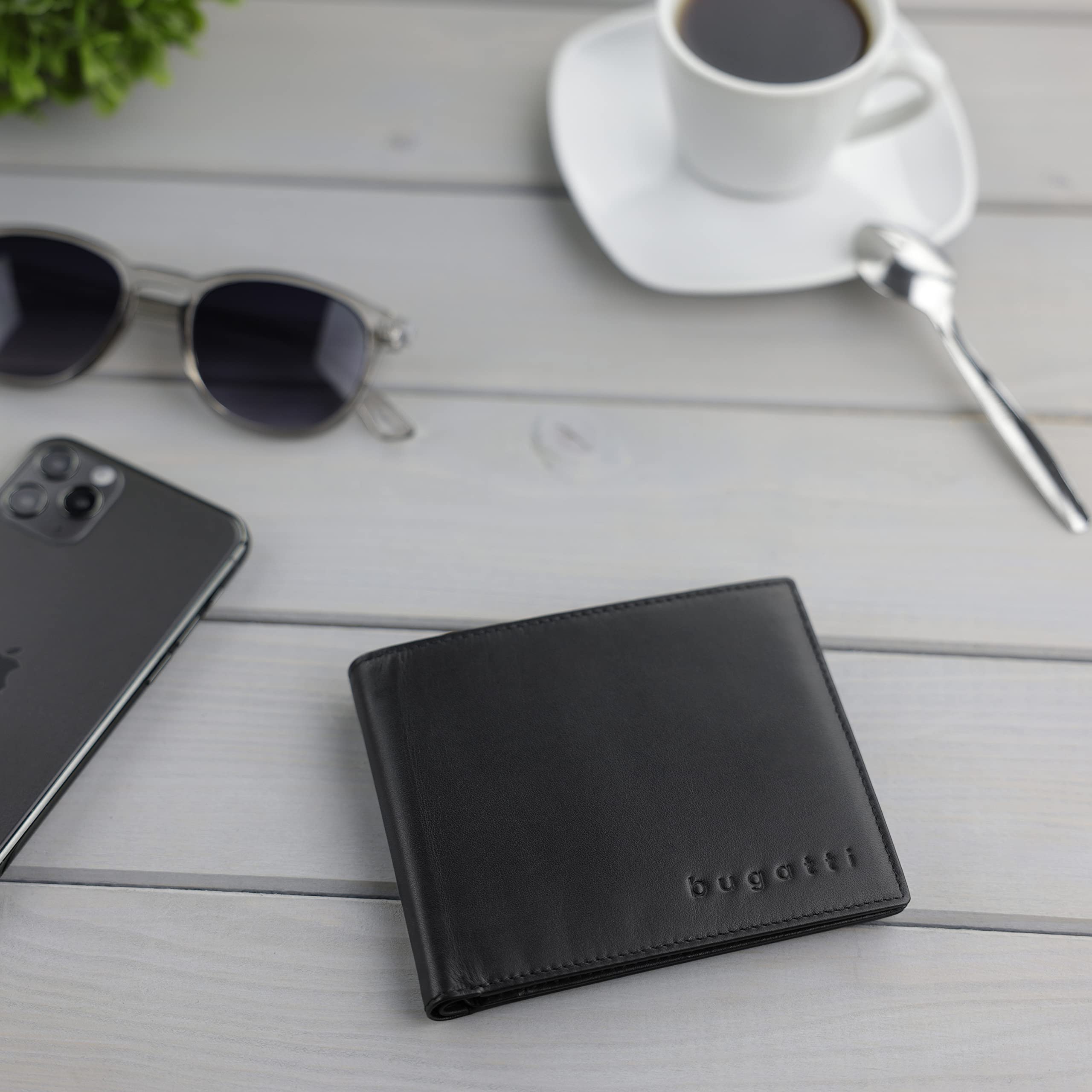 bugatti Super Slim Billetera de Piel Genuina - Delgada, con Protección RFID, 100% hecha a mano, Negra